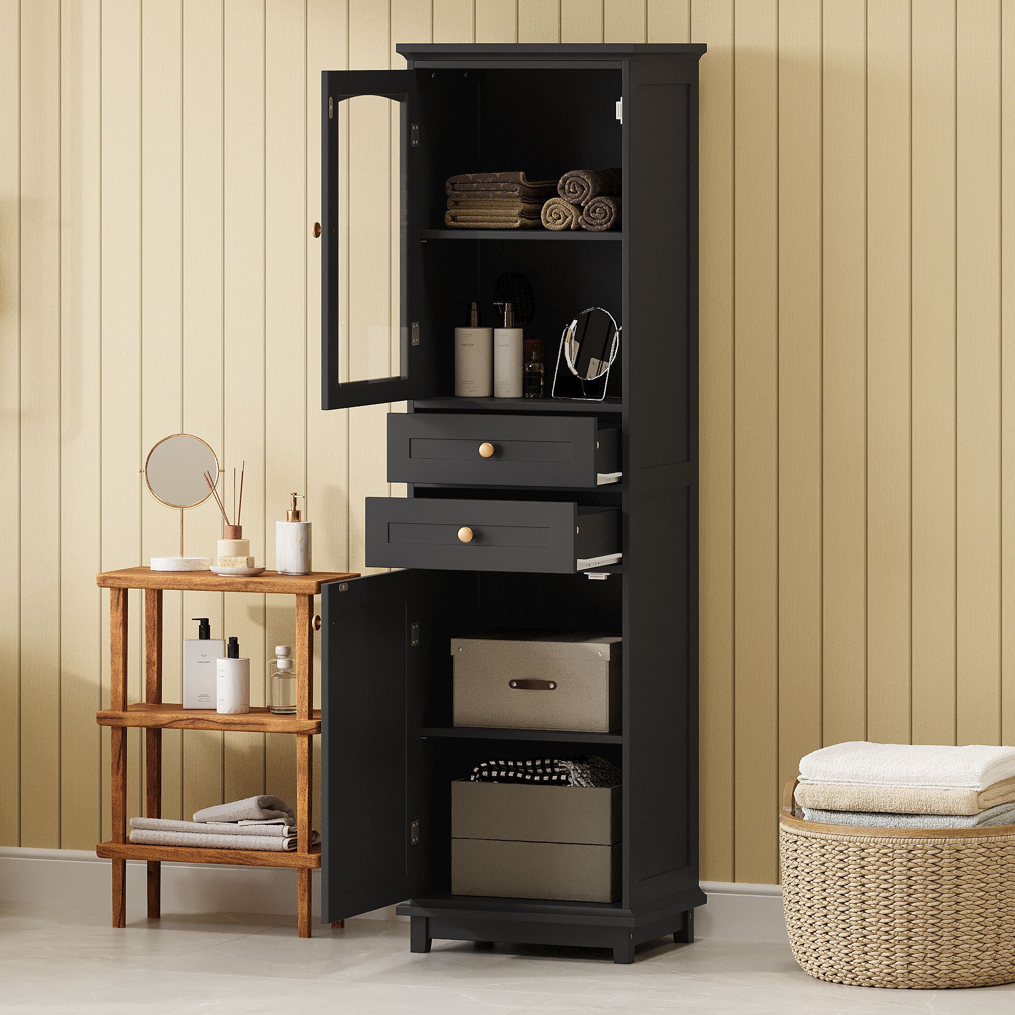 Tall Bathroom Storage Cabinet With Glass Doors, Free-Standing, Two Drawers, And Adjustable Shelves, Board, Painted Perfect For Displaying Your Favorite Items