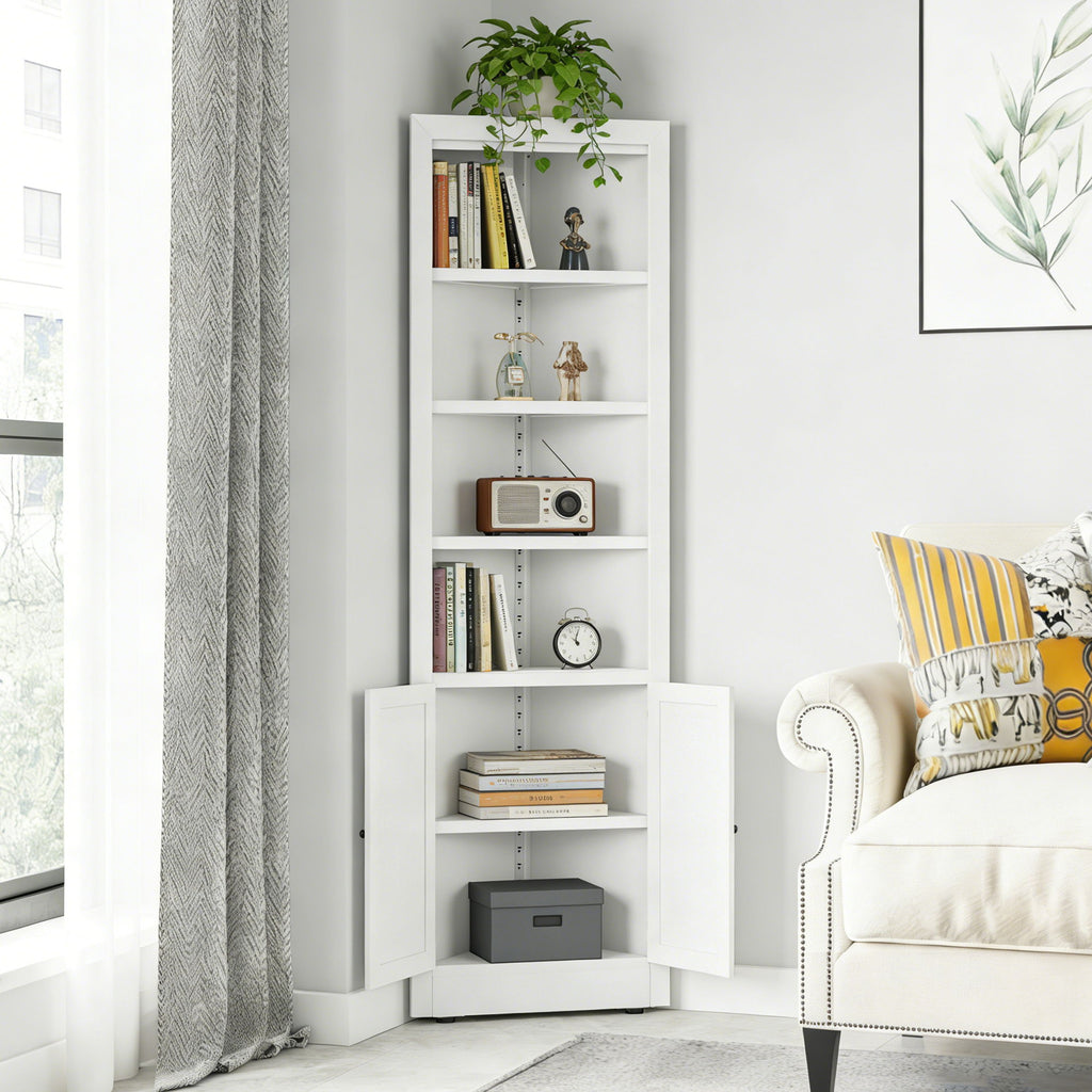 Tall Corner Storage Cabinet With 2 Doors, 5-Tier With Adjustable Shelve, Freestanding - White