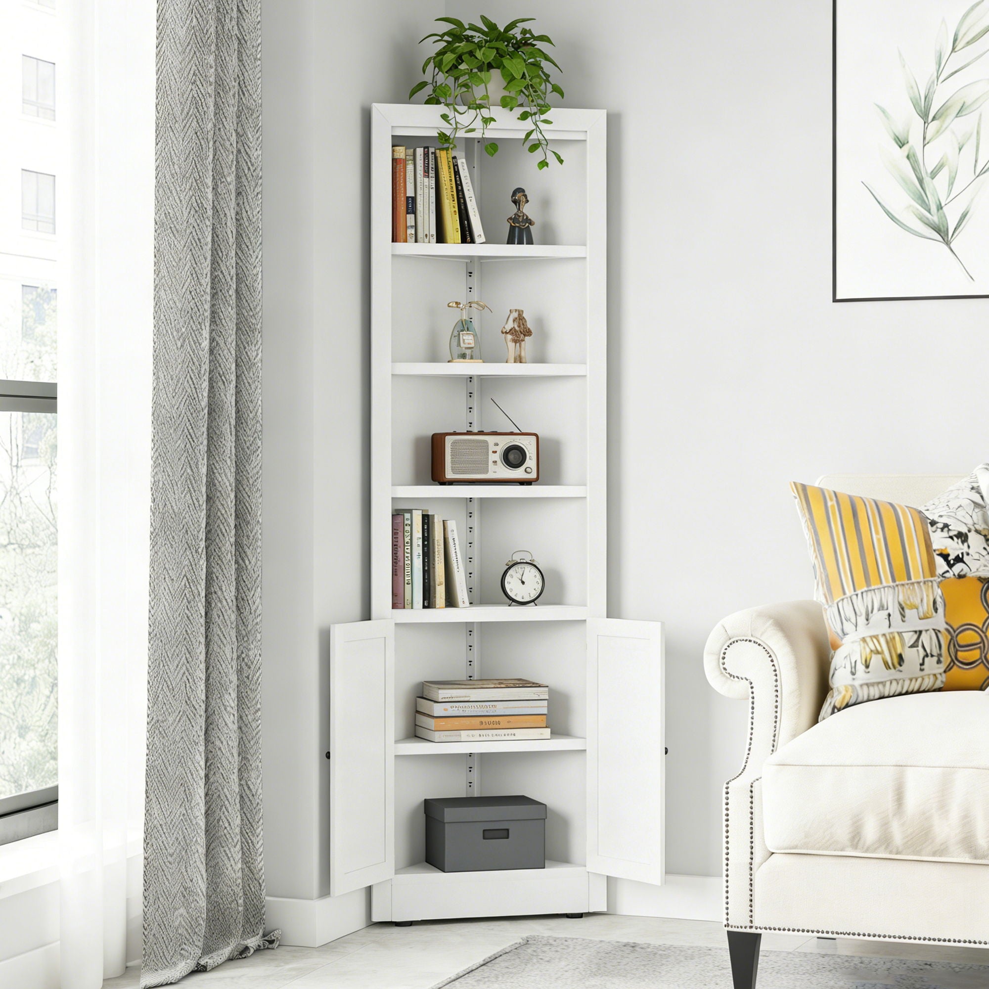 Tall Corner Storage Cabinet With 2 Doors, 5-Tier With Adjustable Shelve, Freestanding - White