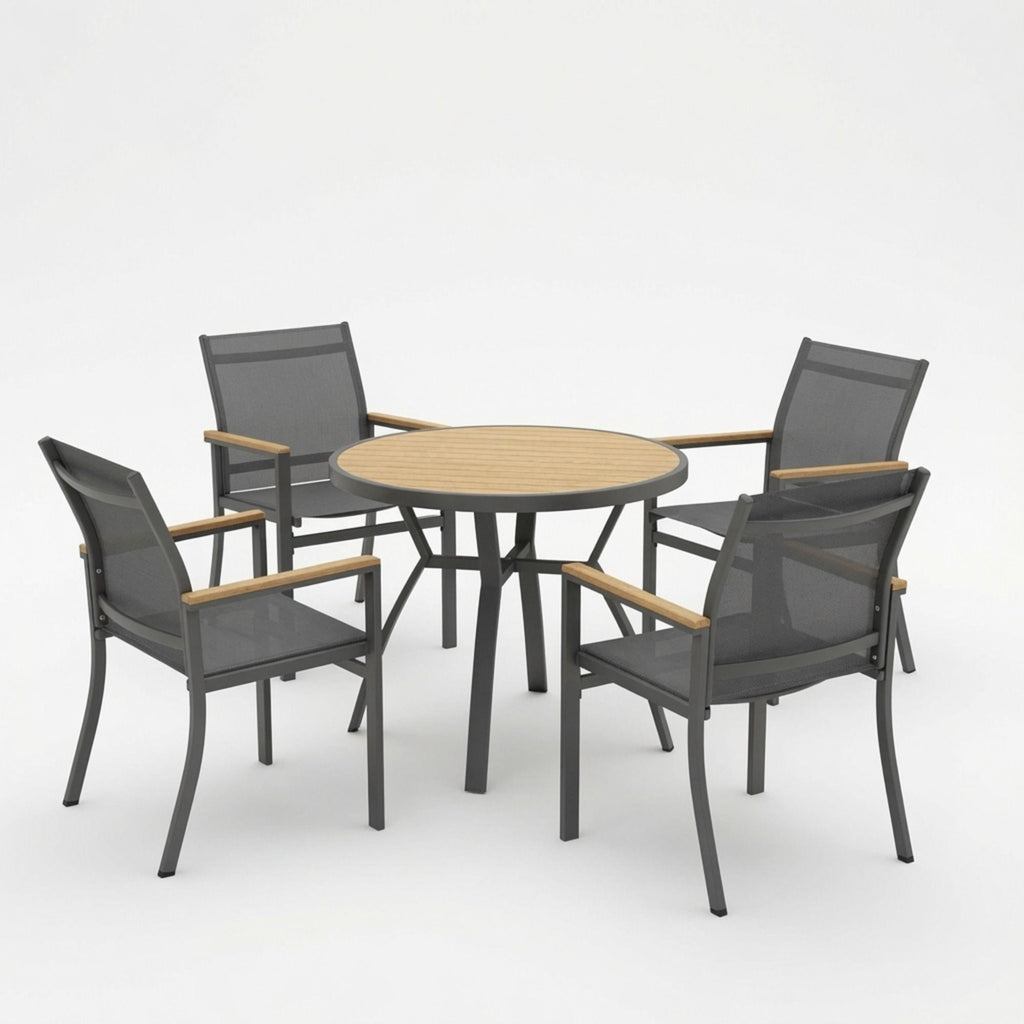 Gray Aluminum Patio Dining Set With Textilene Chairs, 5 Piece All Weather Round Table And 4 Seater For Garden, Deck, Or Porch