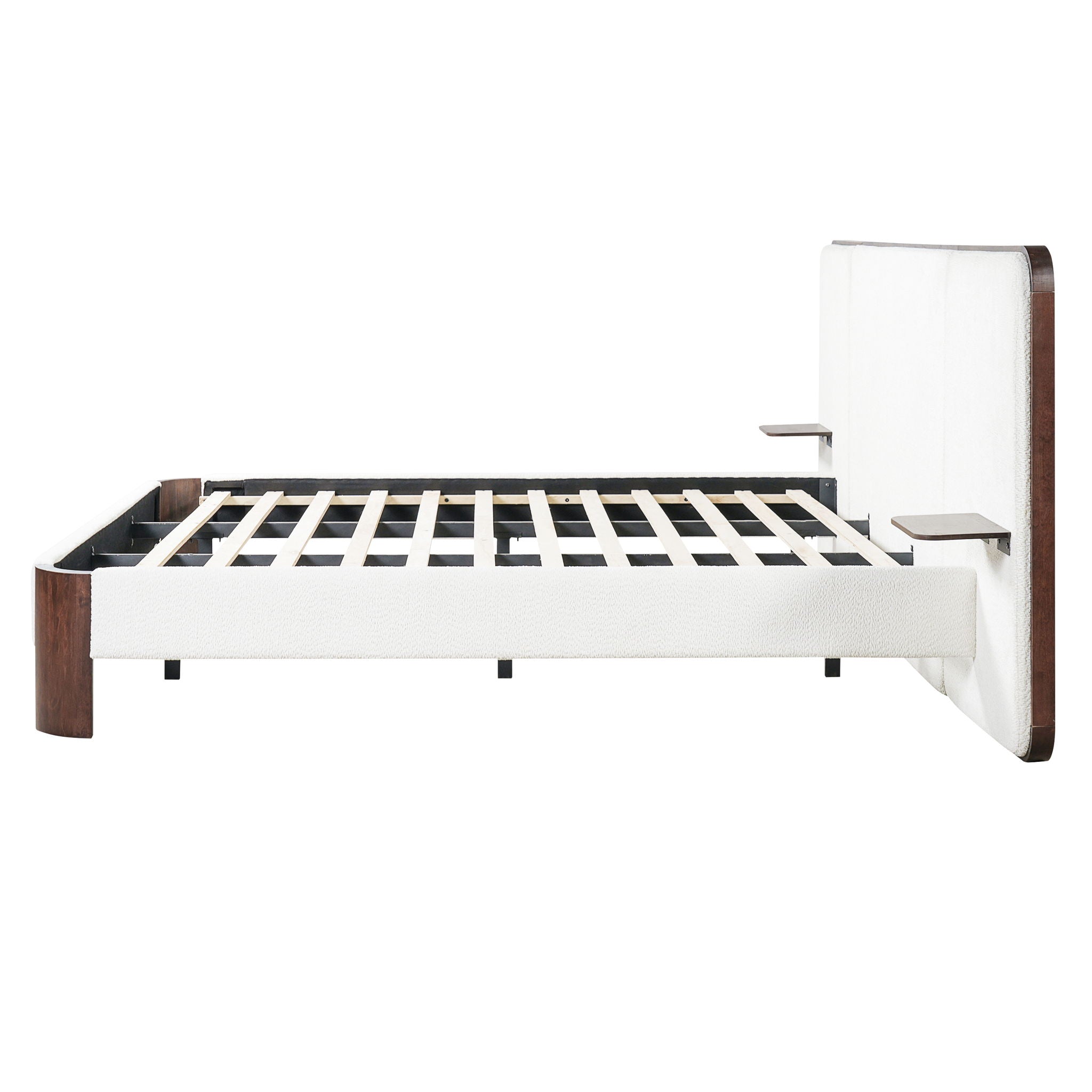 King Upholstered Platform Bed Frame With Curved Headboard, Built-In Floating Shelves, Wood Slats And Metal Support - White & Brown