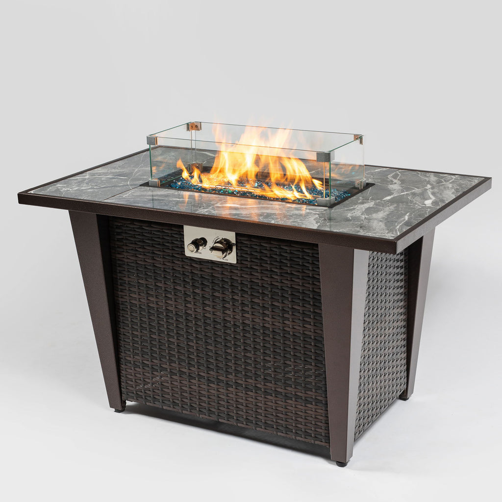Fire Pit Table, Glass Wind Guard And Rain Cover, Lid - Brown