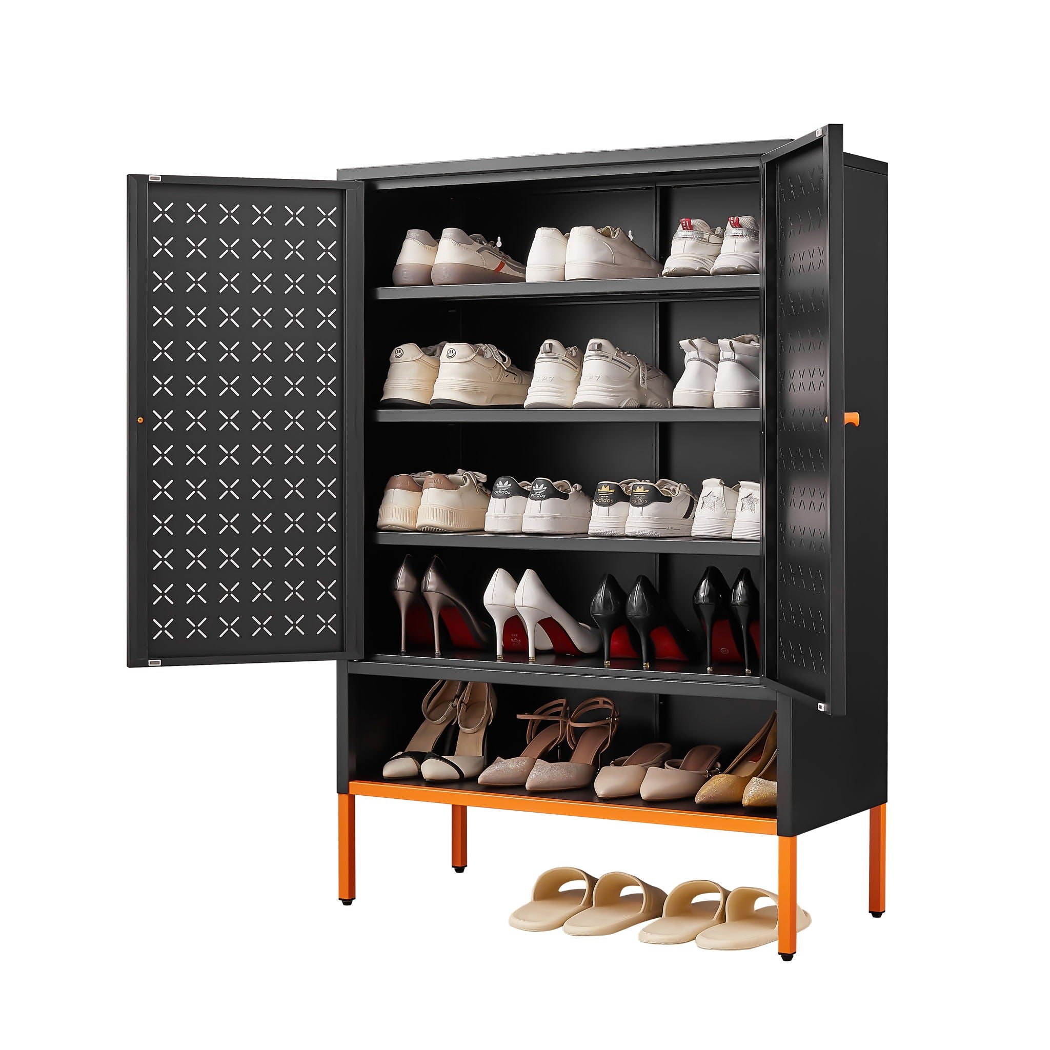Grid Double Door Shoe Cabinet With Adjustable Compartments And Moisture-Proof Design In Metal