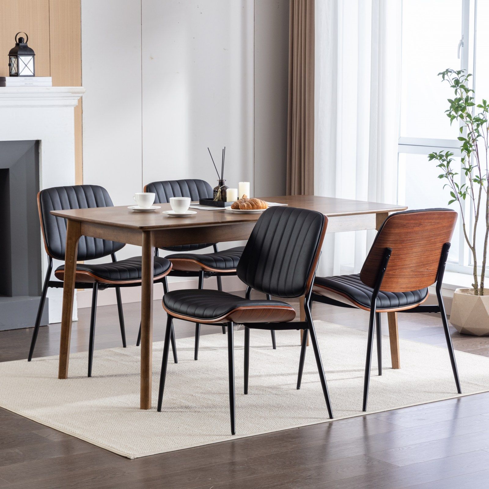 Dining Chairs (Set of 2) Mid-Century Modern Retro Chair With Walnut Bentwood Back Upholstered Seat Metal Legs Adjustable Foot For Kitchen Dining Room Chairs