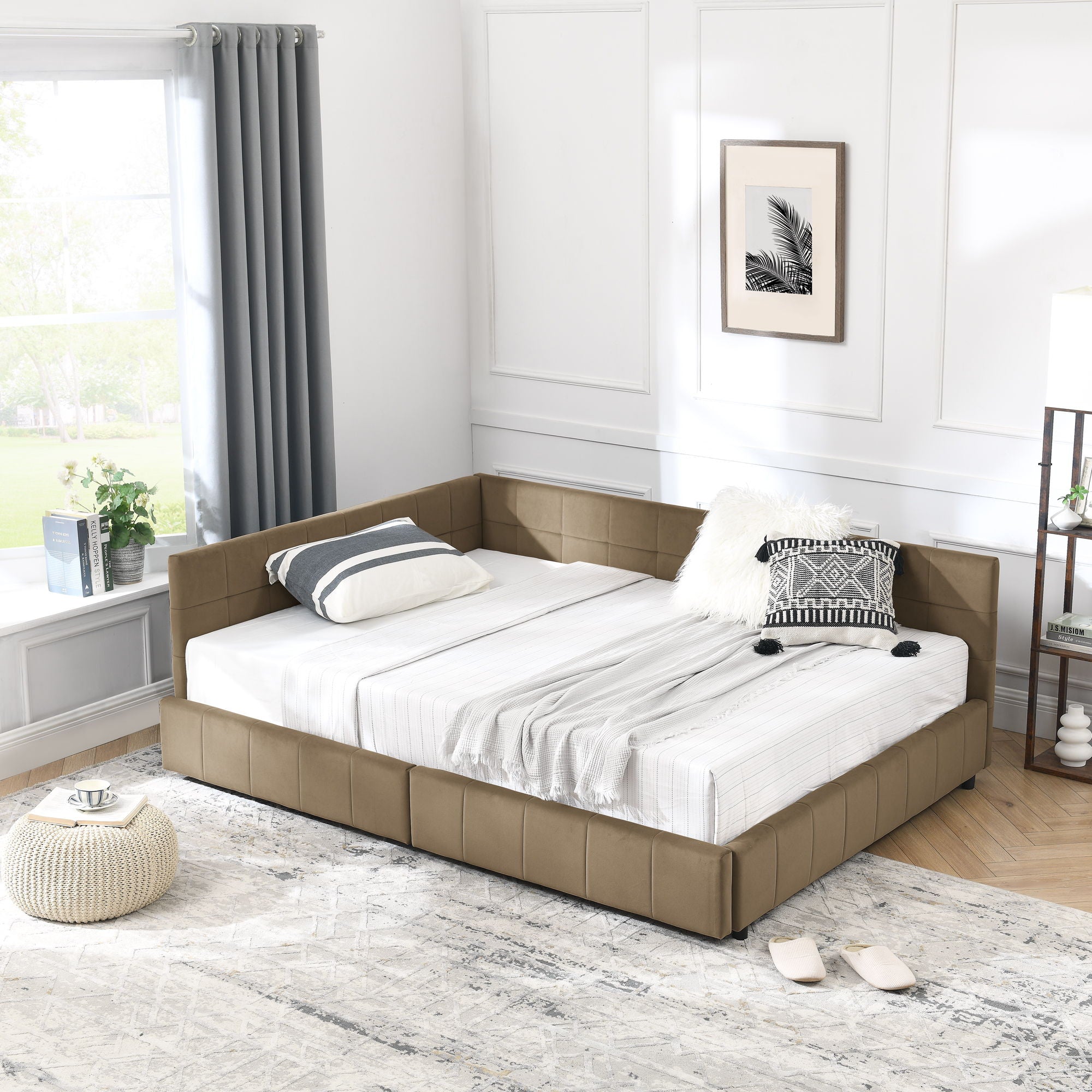 Storage Upholstered Tufted Bed Frame With Backrest And Armrests