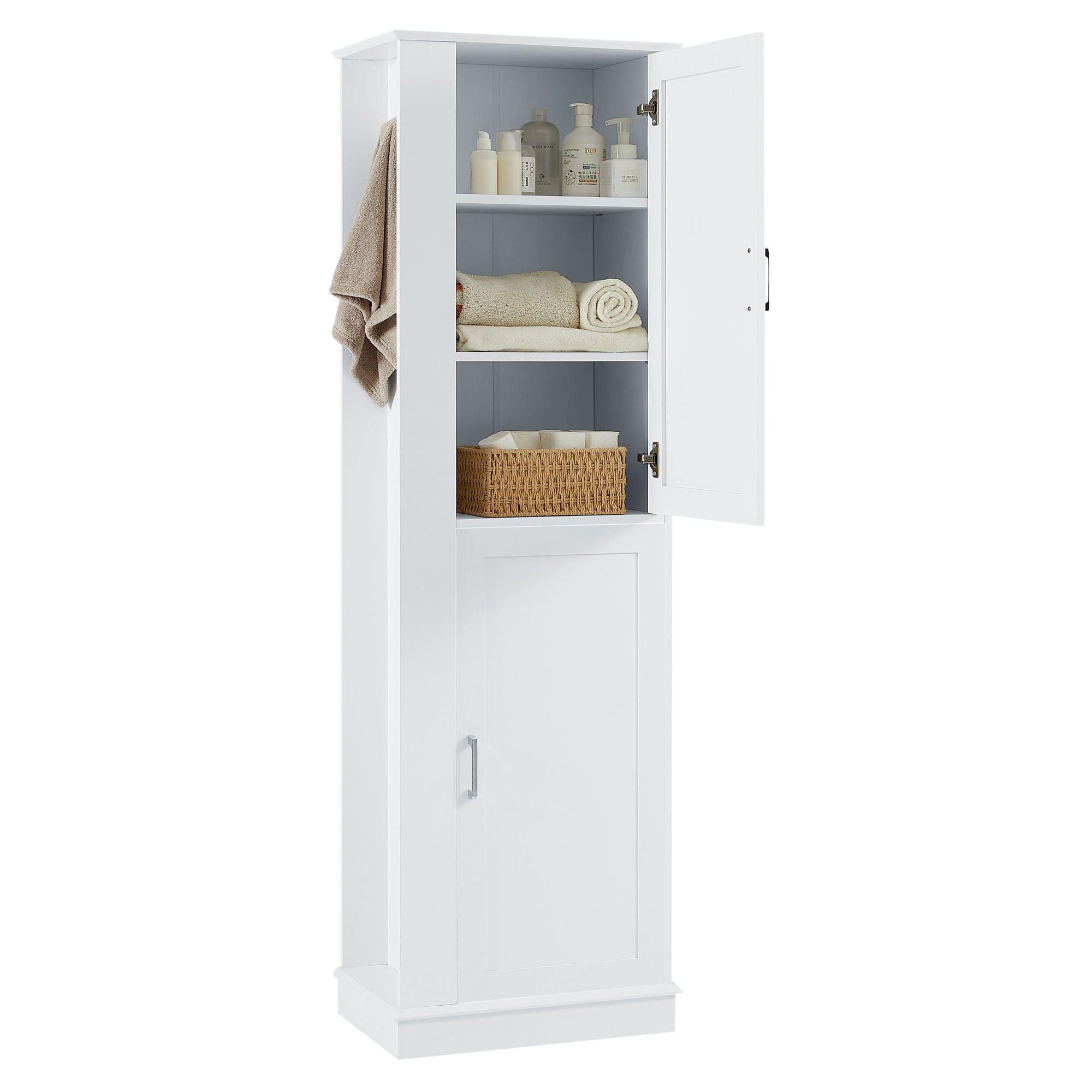 Tall Freestanding Bathroom Storage Cabinet With Adjustable Shelves And Side Hooks