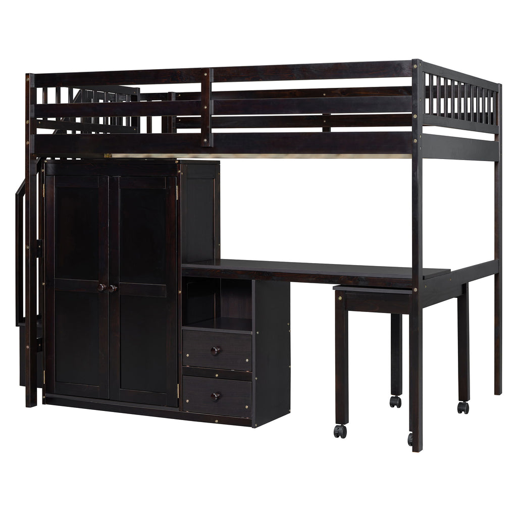 Loft Bed With Stairs, Bookshelf, Drawers, Desk & Wardrobe, Space Saving Multifunctional Furniture