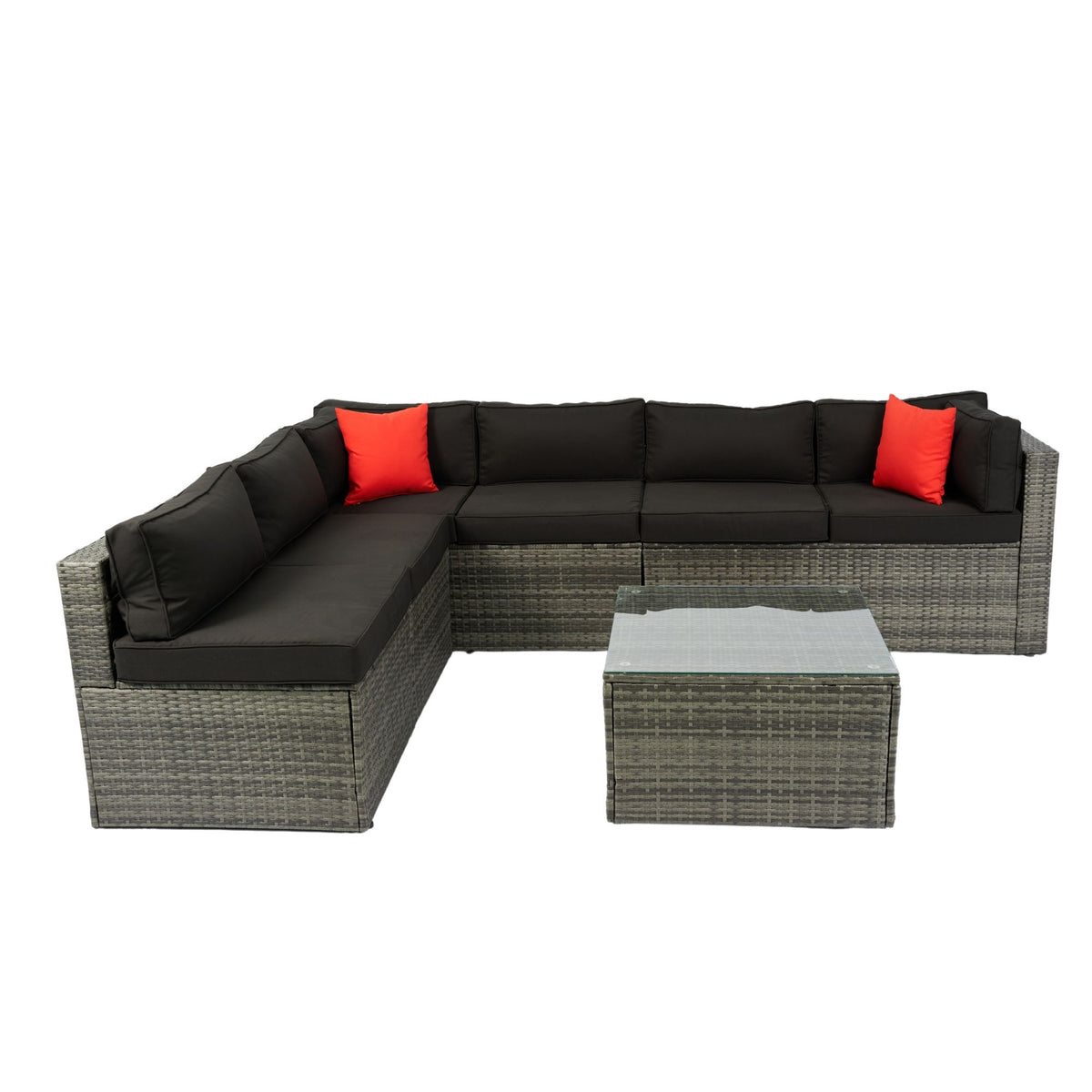 5 Pieces Rattan Sectional Outdoor Furniture Cushioned U Sof Set With 2 Pillow - Black / Gray