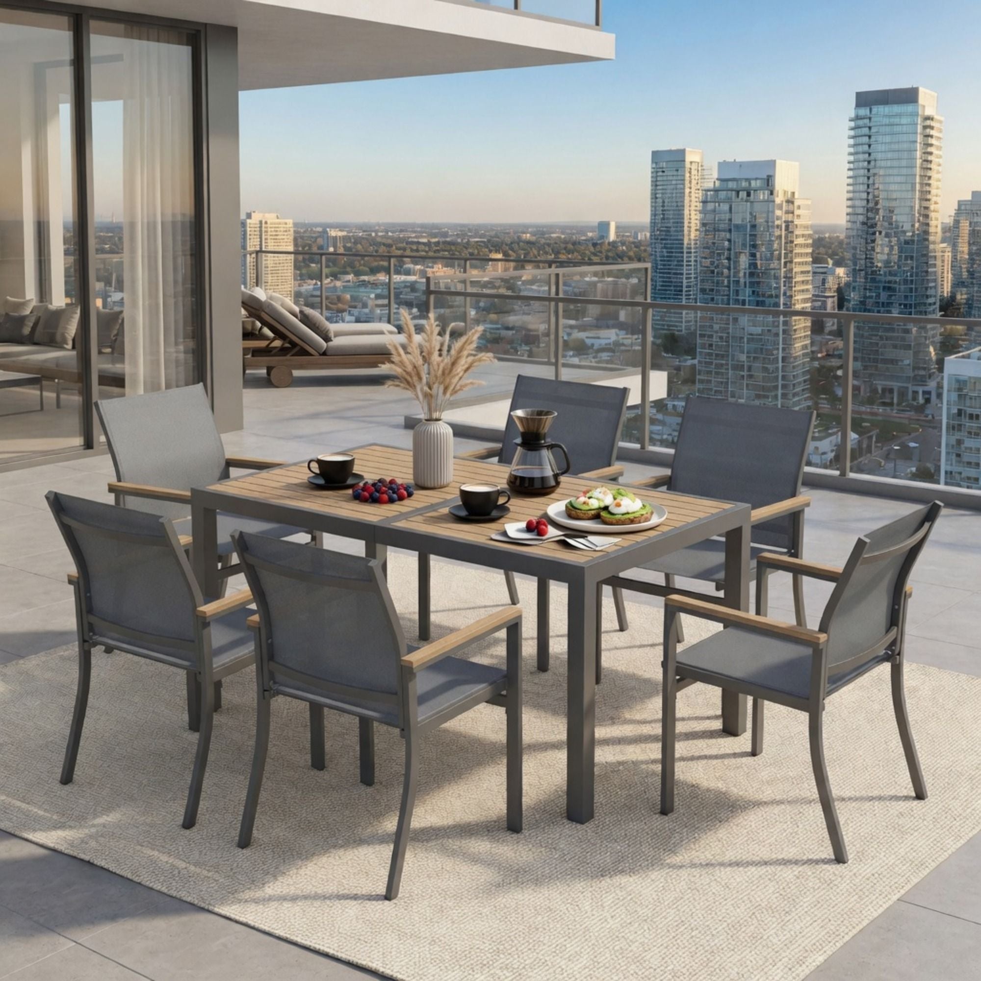 7 Piece Gray Aluminum Patio Dining Set With Textilene Chairs For Outdoor Living Frame With Accents, 59" Rectangle Table, All Weather Durable