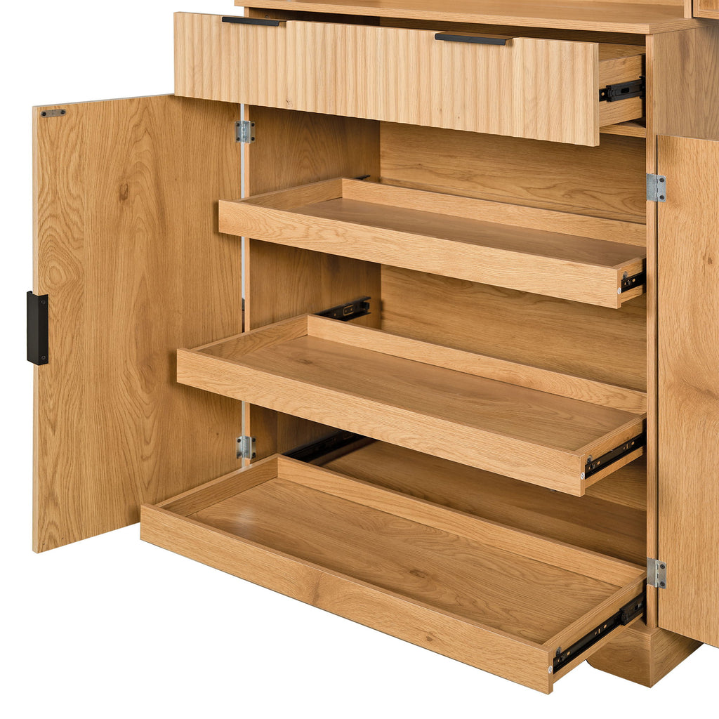 Fluted Kitchen Pantry Cabinet With 3 Keyboard Drawers & 6 Door Shelves Adjustable