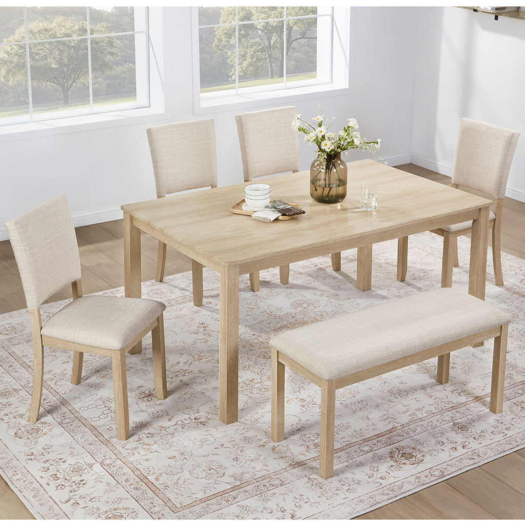 6 Piece Dining Table Set With Bench - Beige / Light Oak