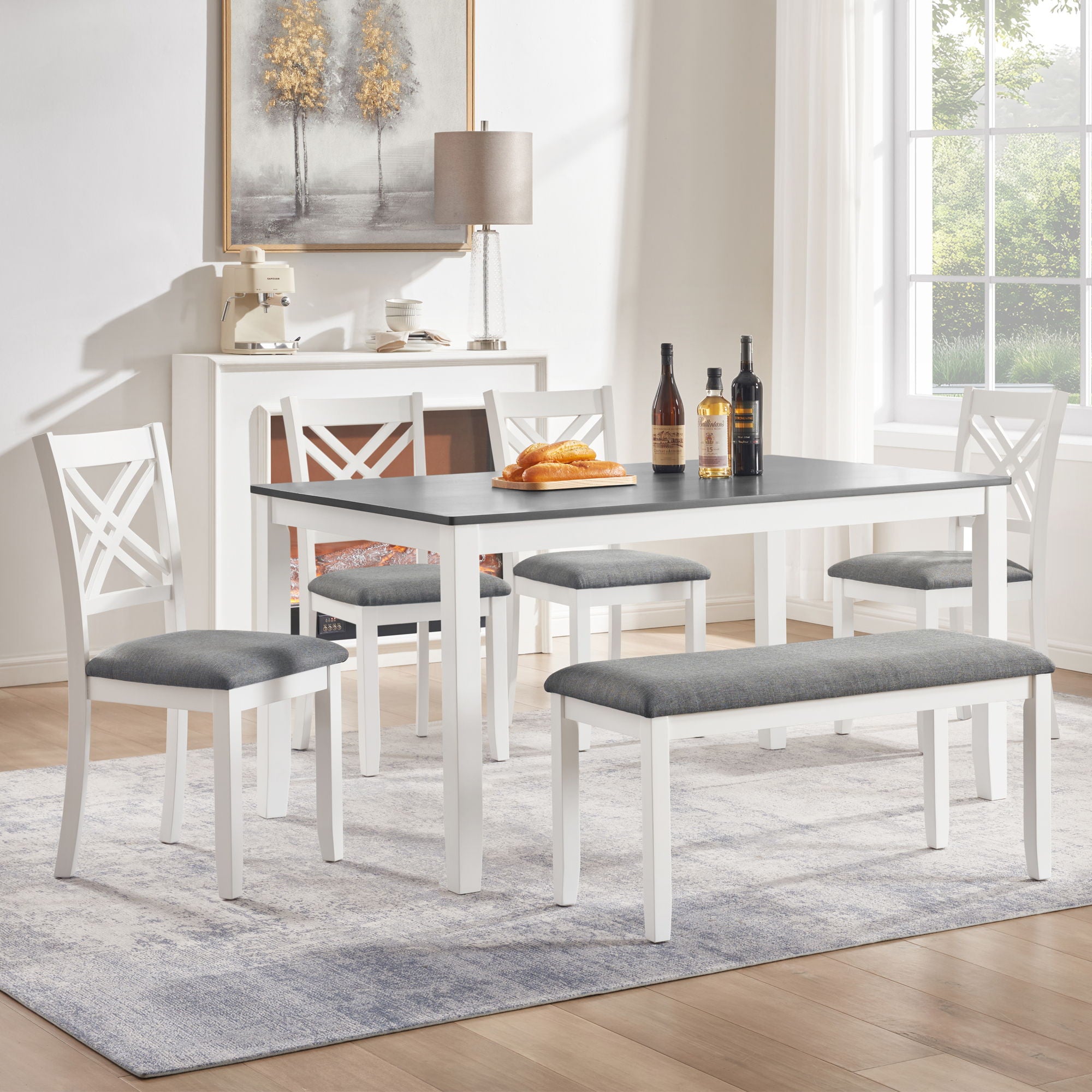 6 Piece Kitchen Dining Set, Rectangular Dining Table With 4 Upholstered Chairs And Bench - Gray / White