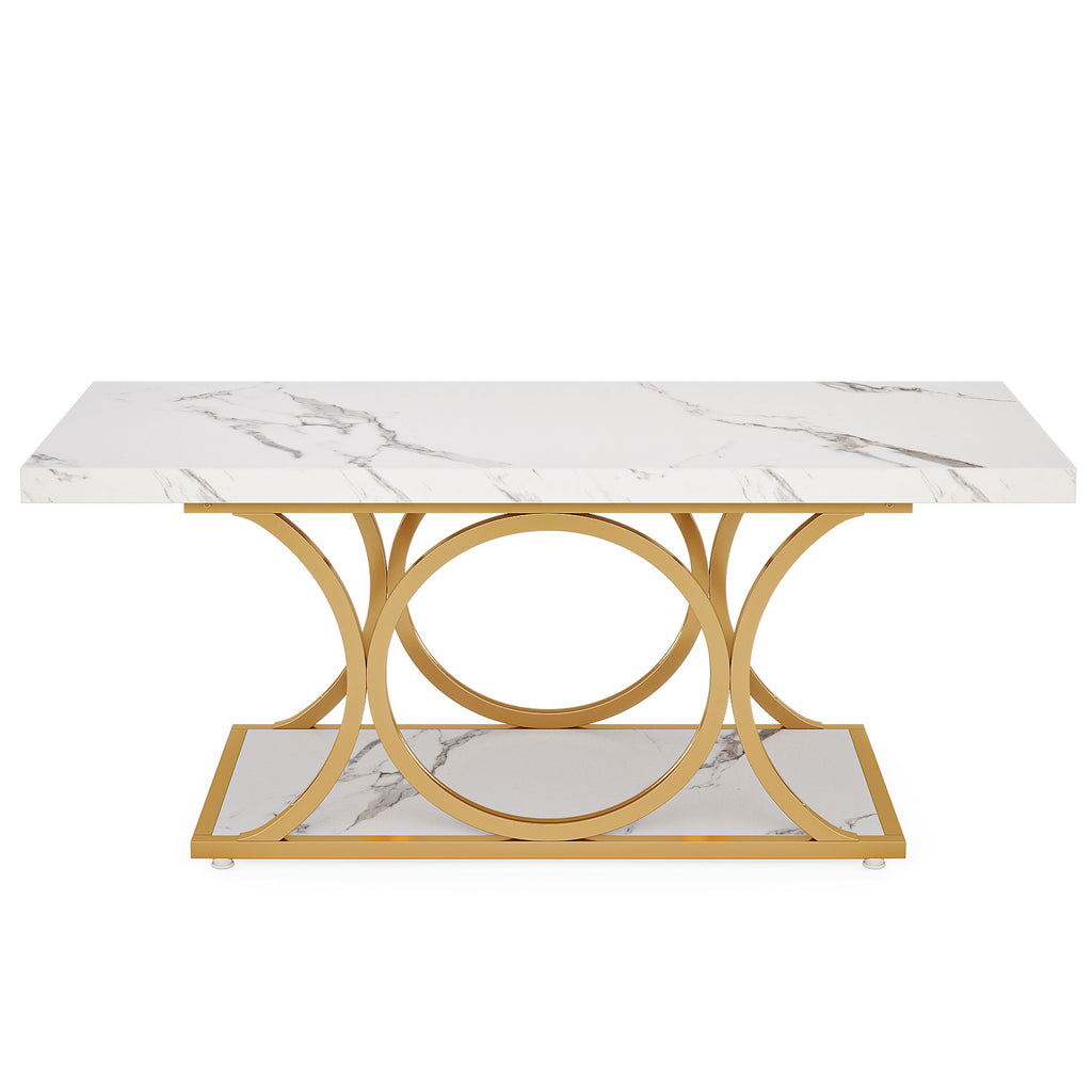 Rectangle Coffee Table, 2 Tier With Geometric Legs, Furniture With Storage Shelf - White / Gold