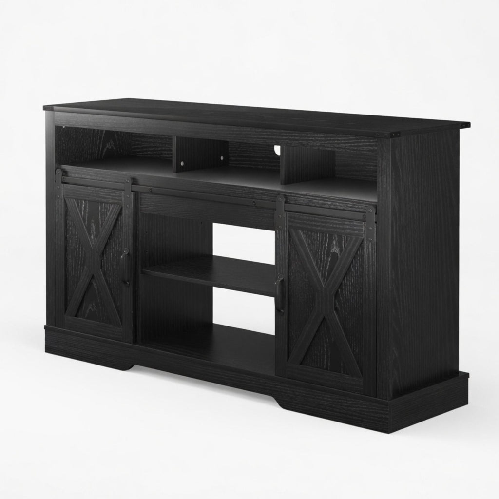 Farmhouse TV Stand With Sliding Barn Doors & Adjustable Storage