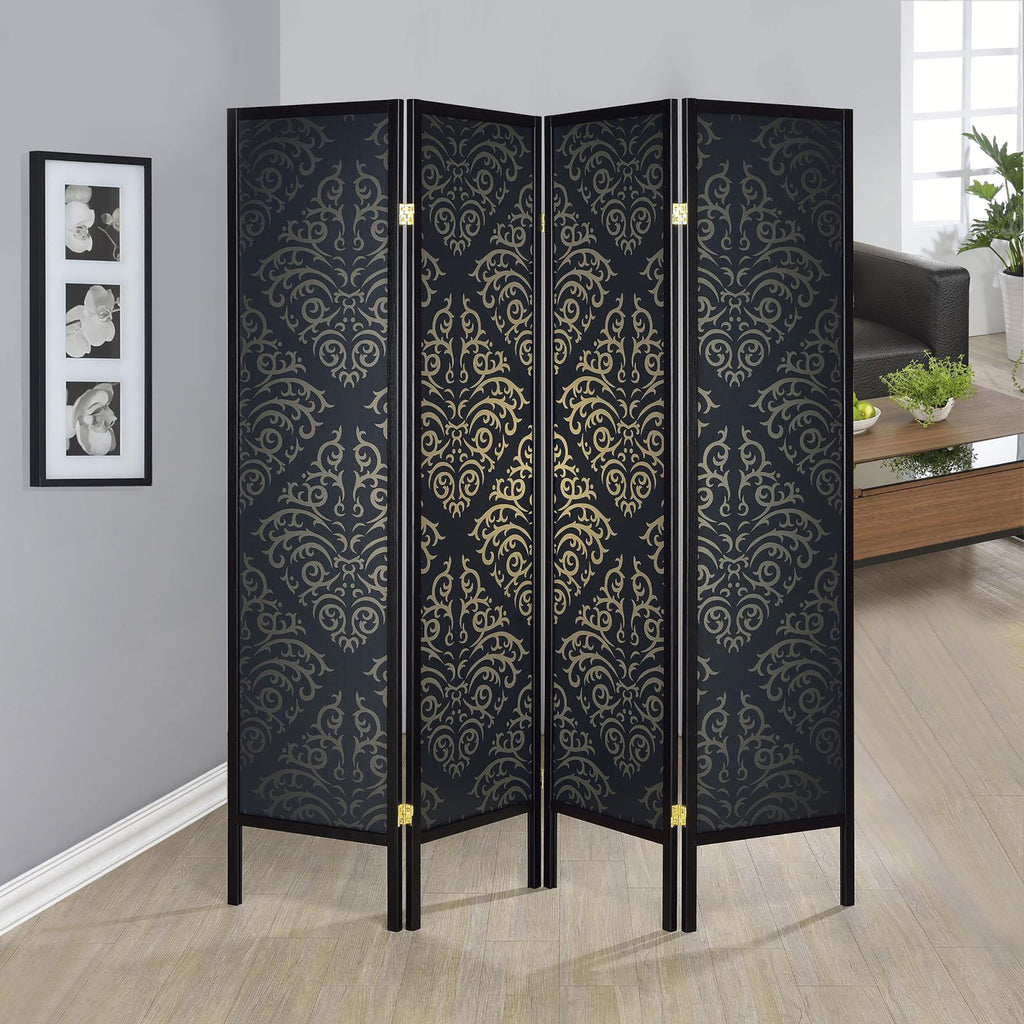 4 Panel Folding Screen With Diamond Scrollwork Motif - Black