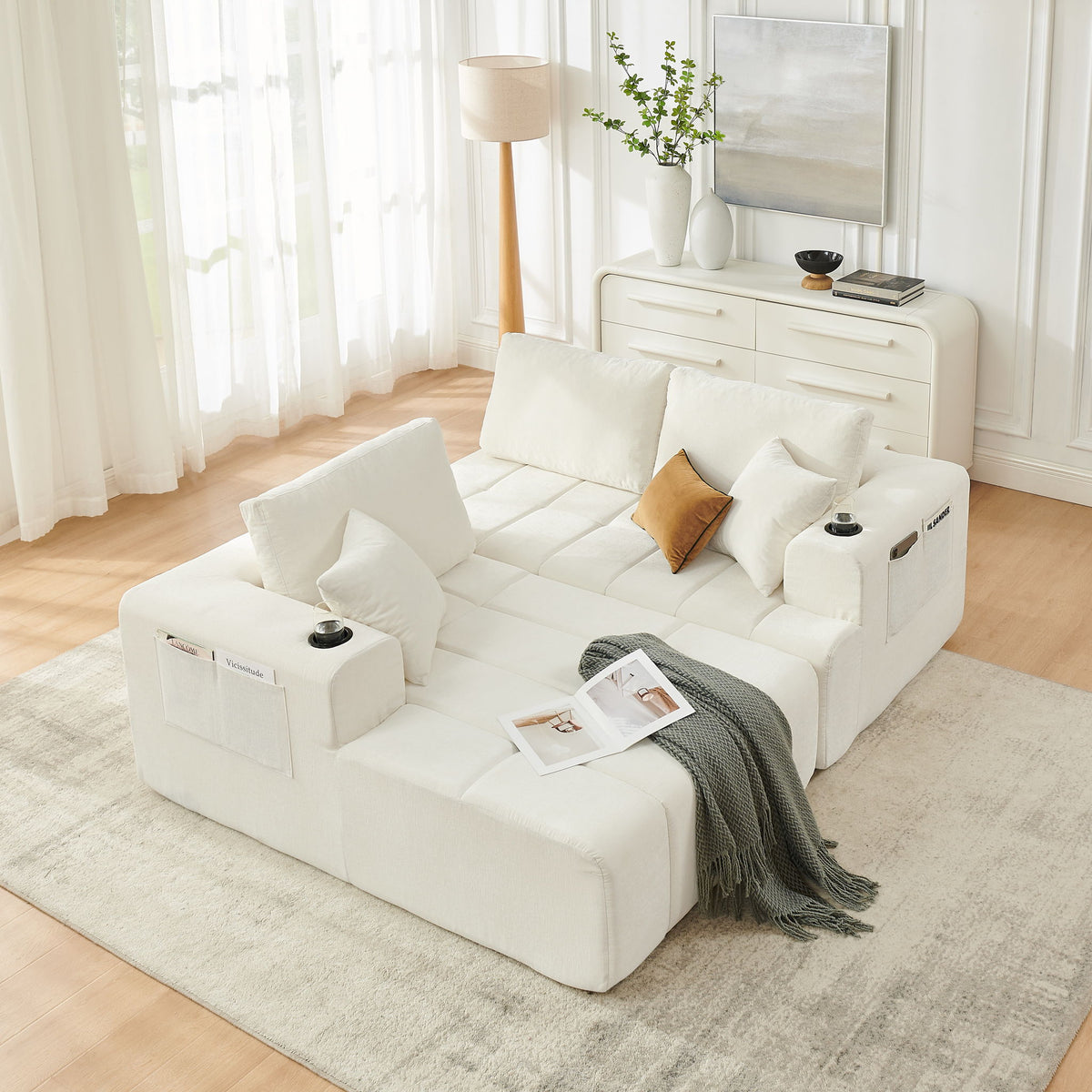 L - Shaped Sectional Sofa With Cup Holders & Side Pockets