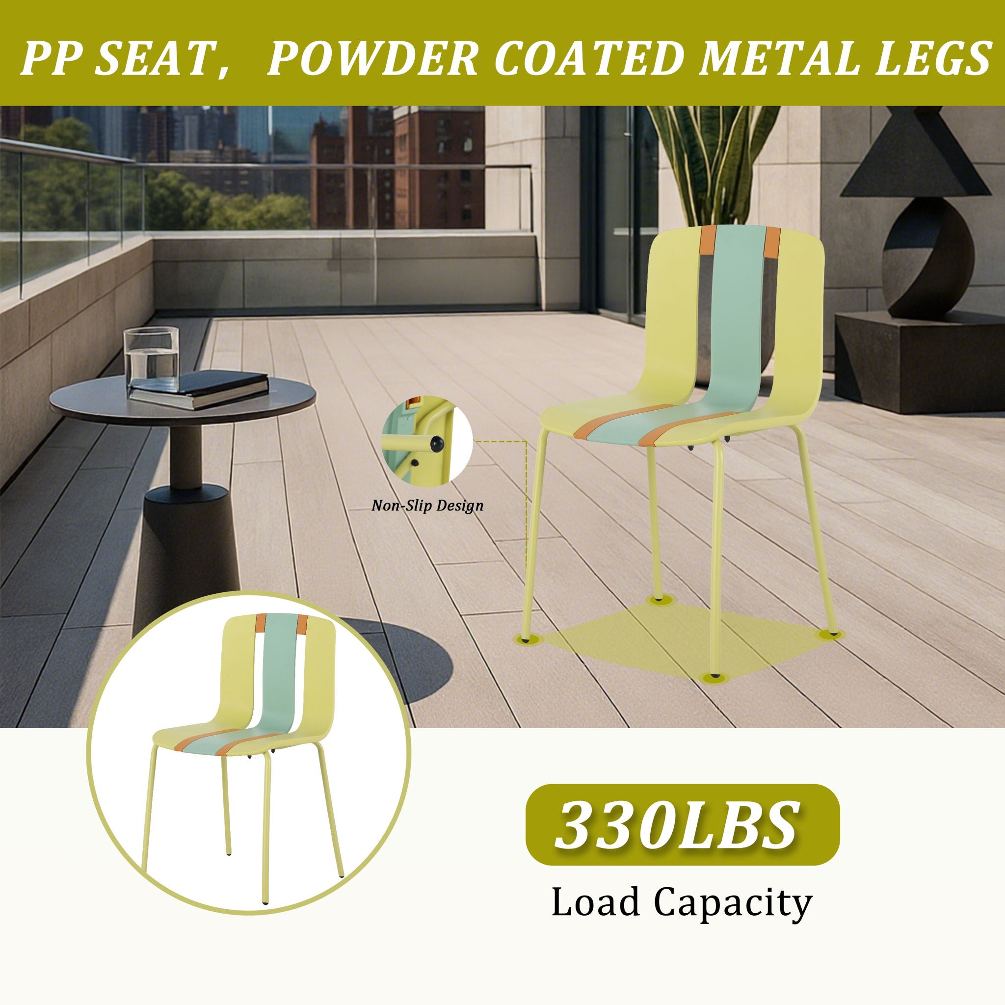 4 Piece Set Of Striped Color Blocking Single Chairs & Long Table - Grain Yellow / Haze Green / Tropical Orange / White