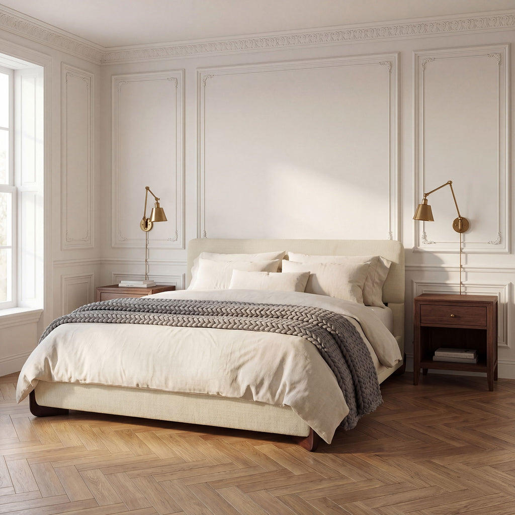 Queen Size Upholstered Bed With Slat Support - Beige