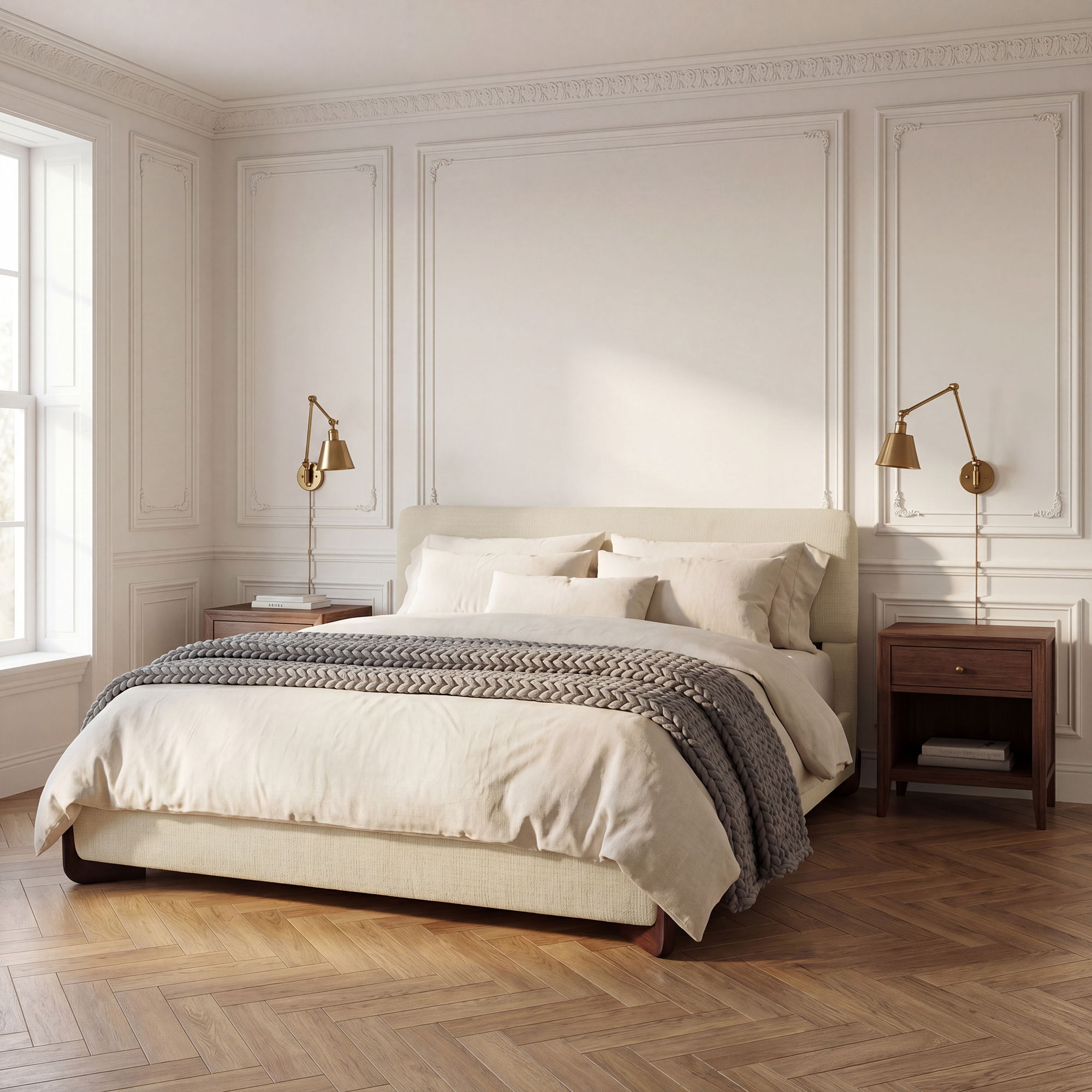 Queen Size Upholstered Bed With Slat Support - Beige