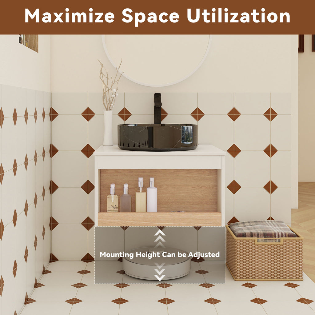 Floating Bathroom Vanity With Vessel Sink With Open Shelf Storage