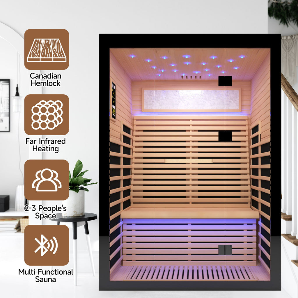 Luxury Double Far Infrared Sauna Room With Epoxy Heating Plates And Starry Sky Lighting - Black / Natural