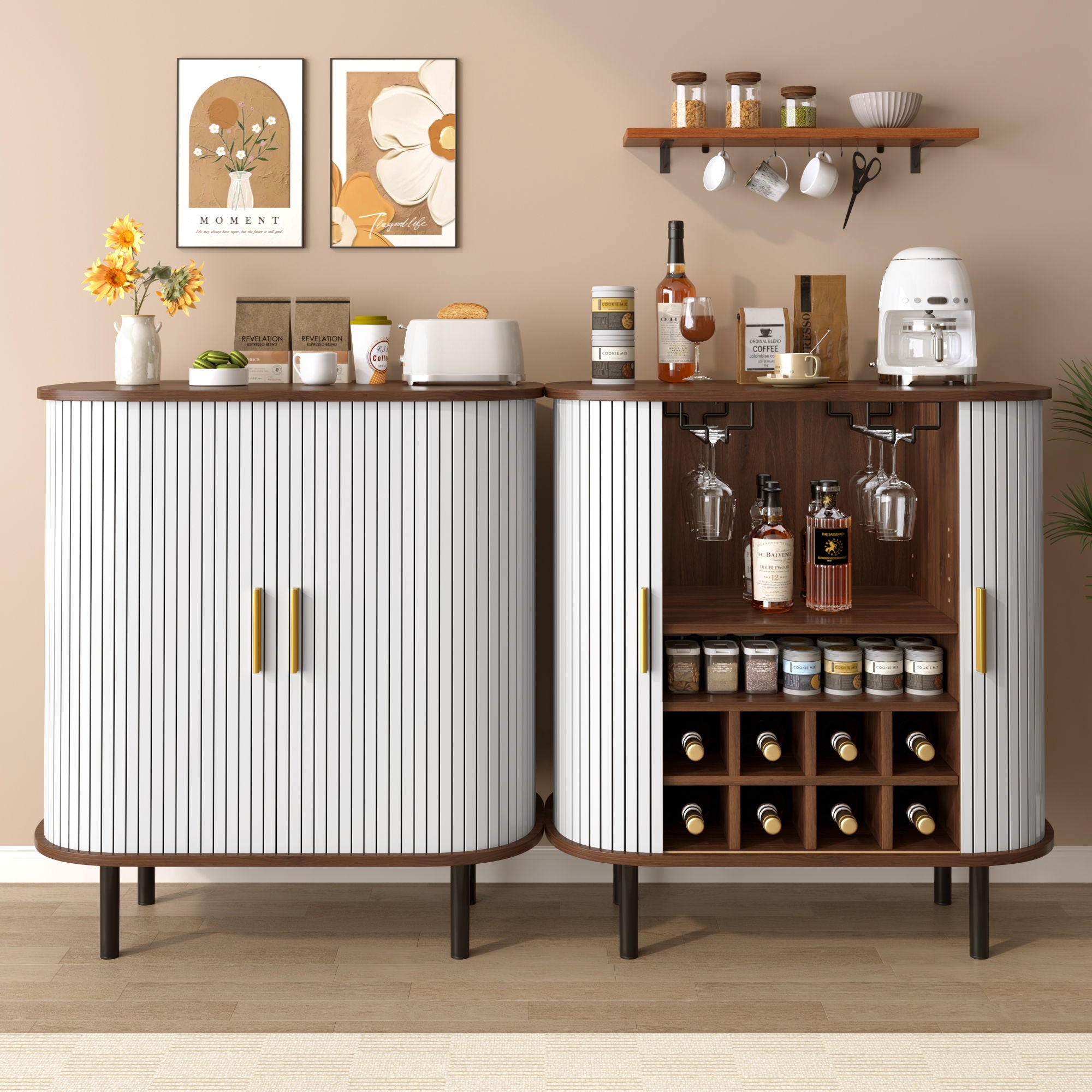 Fluted Wine Bar Cabinet With 8 Grid Wine Rack, 5 Level Adjustable Shelves, 2 Glass Holders