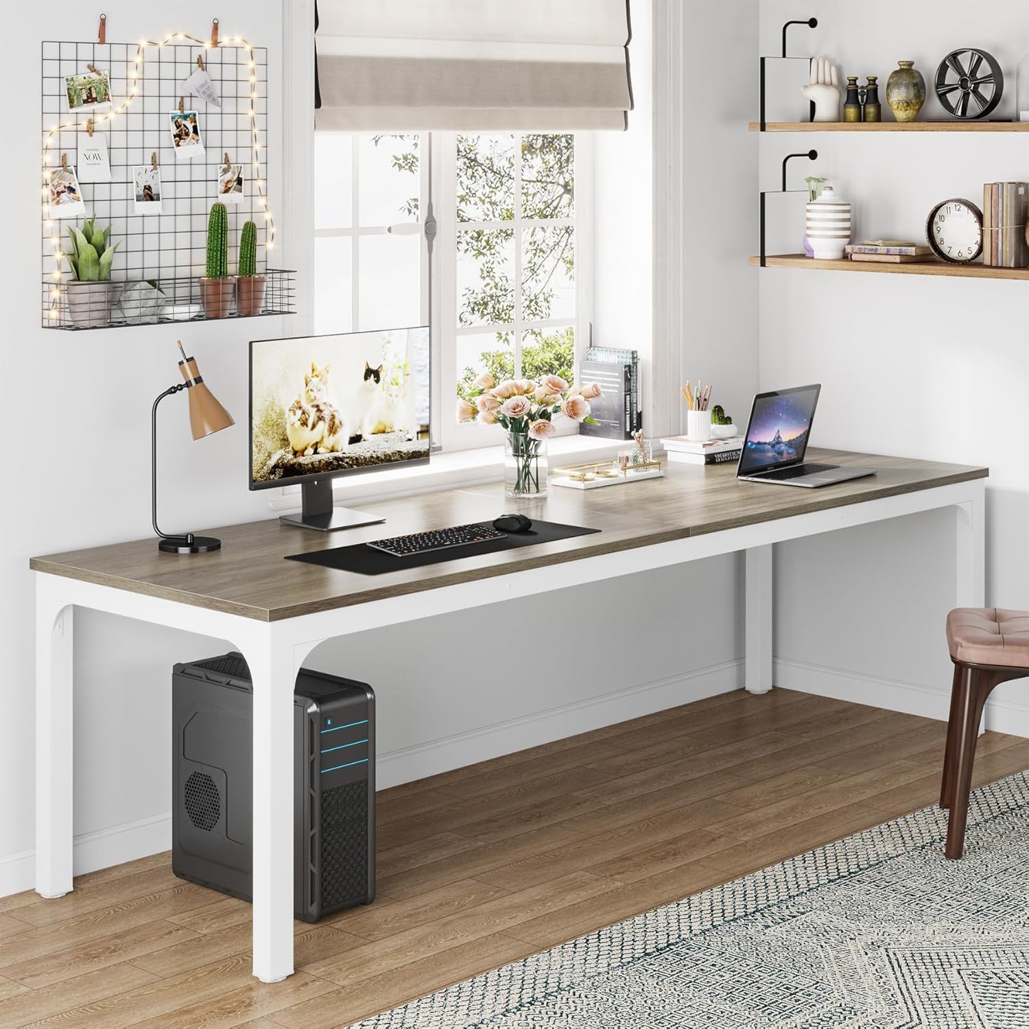 Extra Long 2 Person Computer Desk With, Collaborative Workstation For Home Office - White / Oak