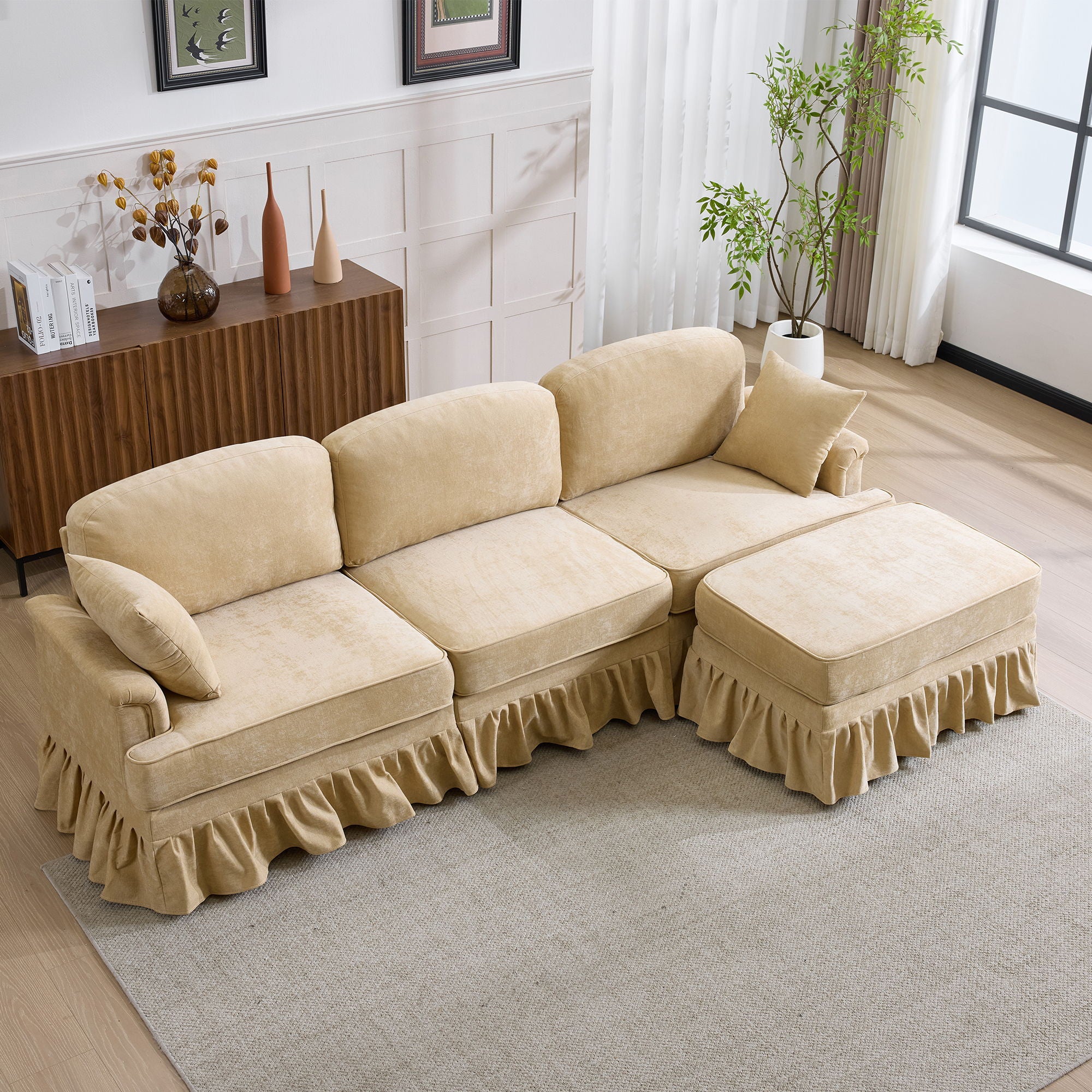 Cloud Sofa With Removable Ruffled Skirt With Ottoman And Flared Arms