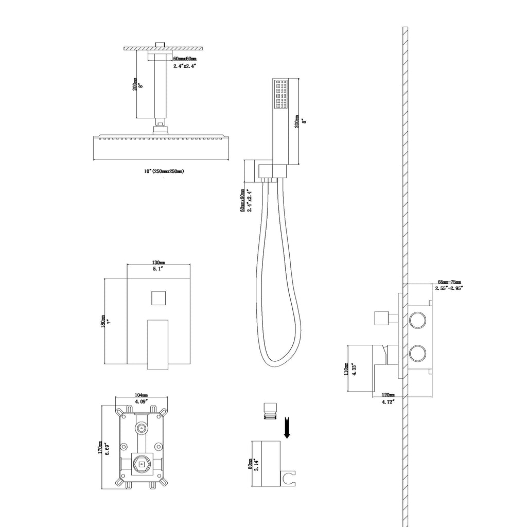 Dual Shower Head 10" Ceiling Mount Square Shower System With Rough In Valve - Matte Black
