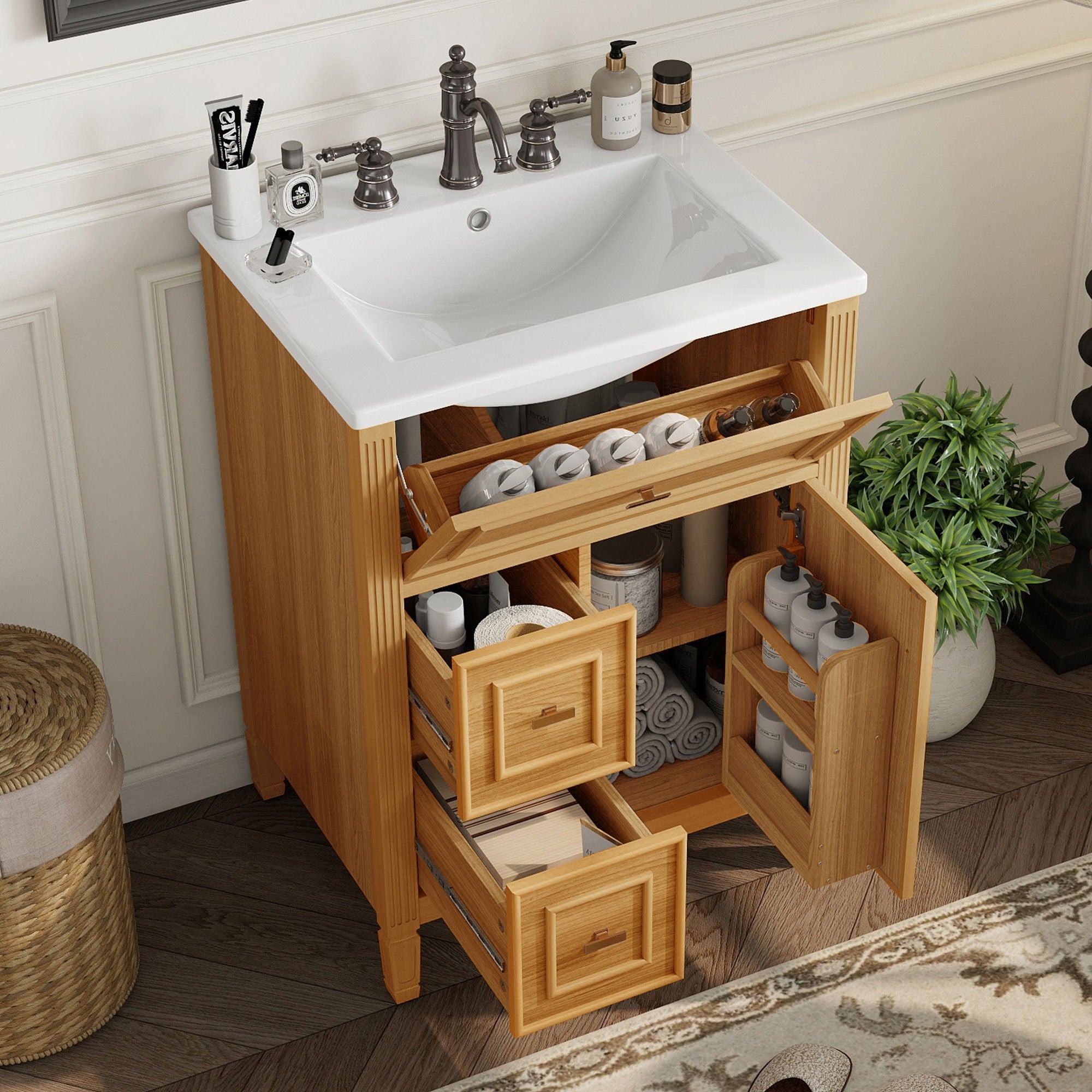 Bathroom Vanity With Sink, Flip Drawer, 2 Drawers, Adjustable Shelf