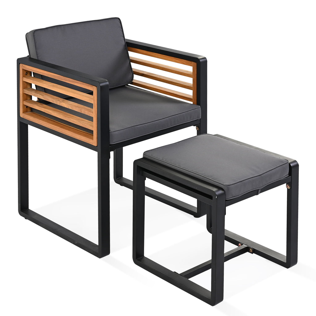 Acacia Wood Patio Dining Set, Cushioned Chairs & Ottomans Square Table