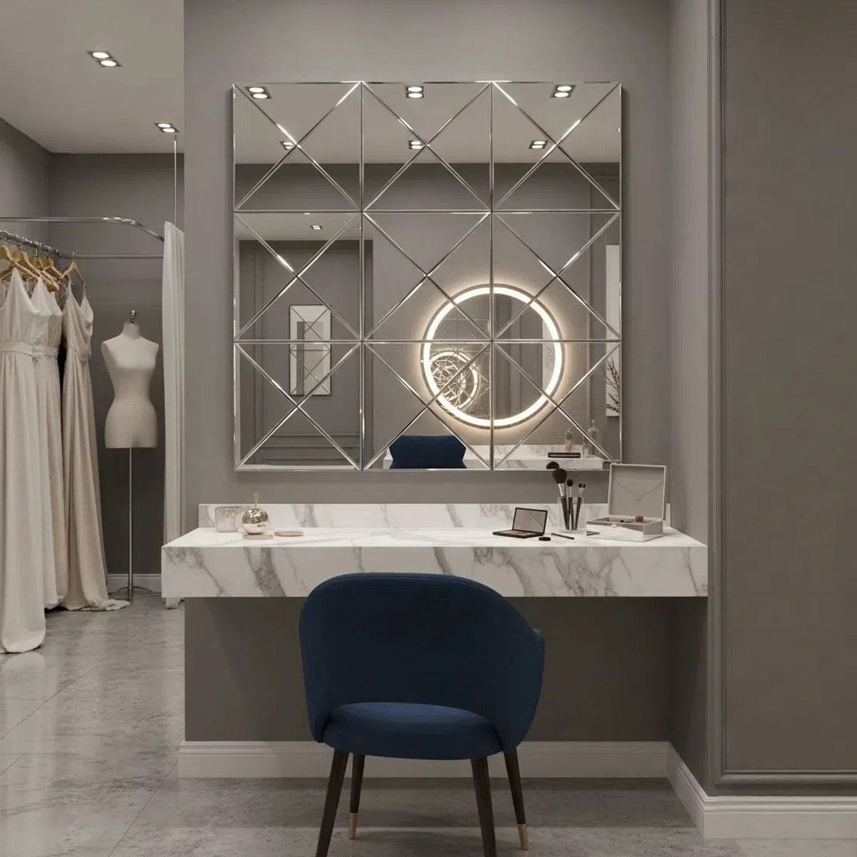 3D Beveled Wall Mirror With Frame, Large Square Design For Living Room - Silver