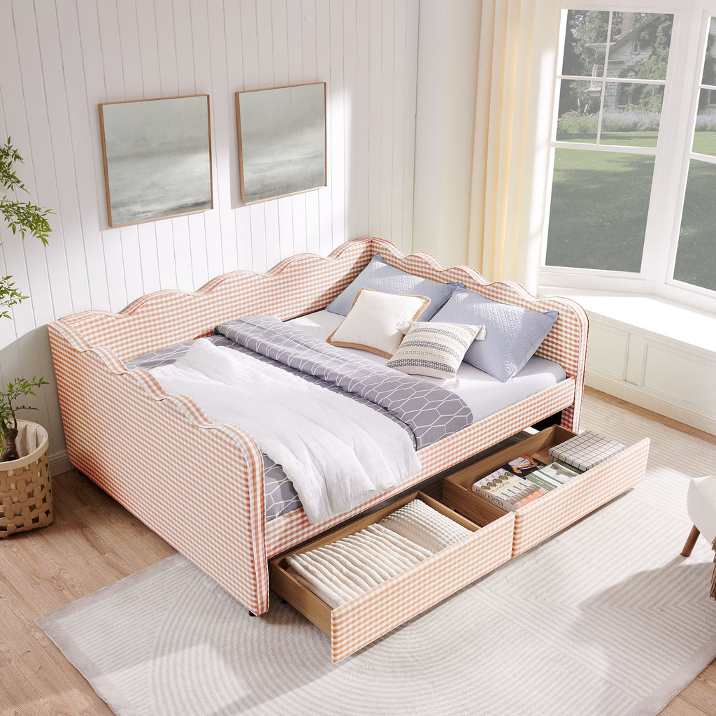 Queen Size Gingham Daybed With 2 Storage Drawers, USB Port, Wave-Shaped Design - Pink