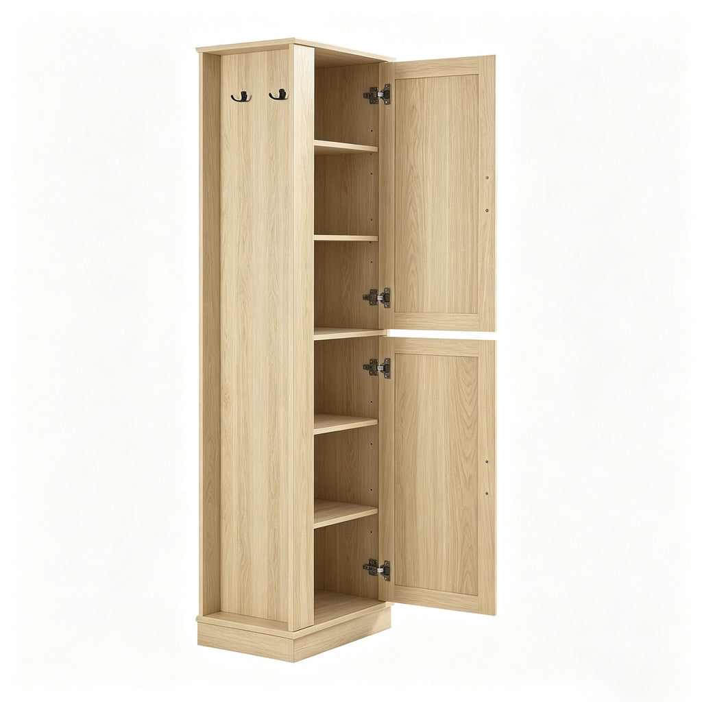 Tall Freestanding Bathroom Storage Cabinet With Adjustable Shelves And Side Hooks