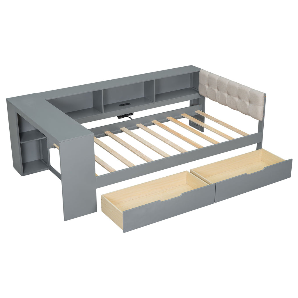 Upholstered Headboard Platform Bed With Storage Shelves, Drawers, Charging Station