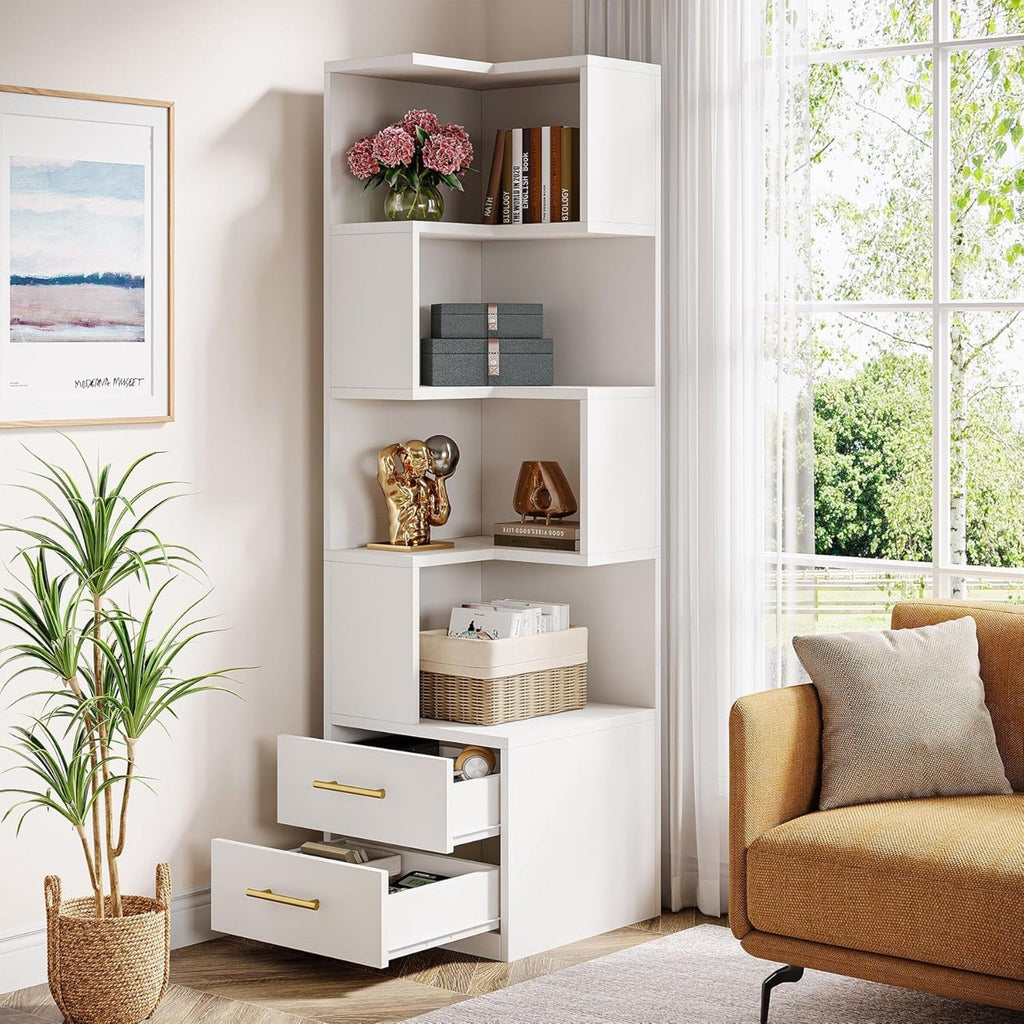 Corner Bookshelf With 2 Drawers, 5 Tier Bookcase For Apartment - White