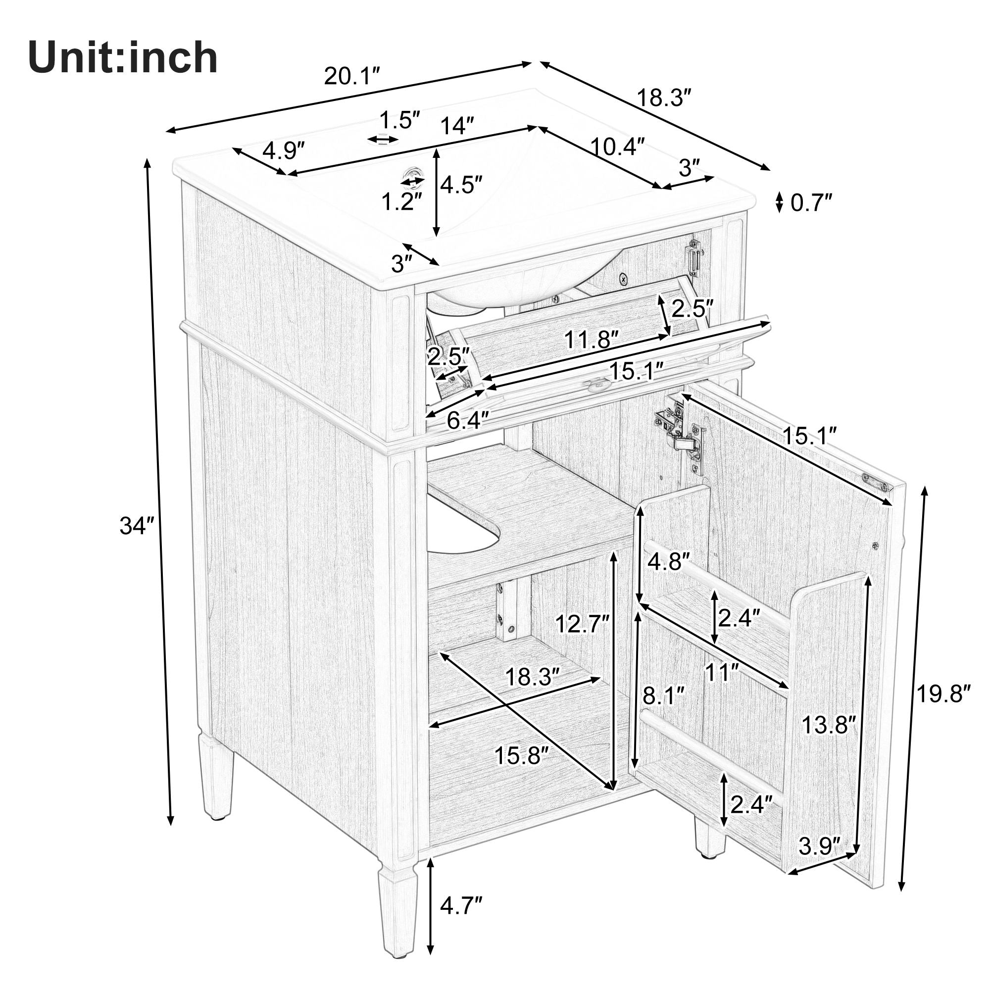 20" Bathroom Vanity With Sink, Adjustable Shelf, Tilt Out Drawer, Freestanding Cabinet - Wood