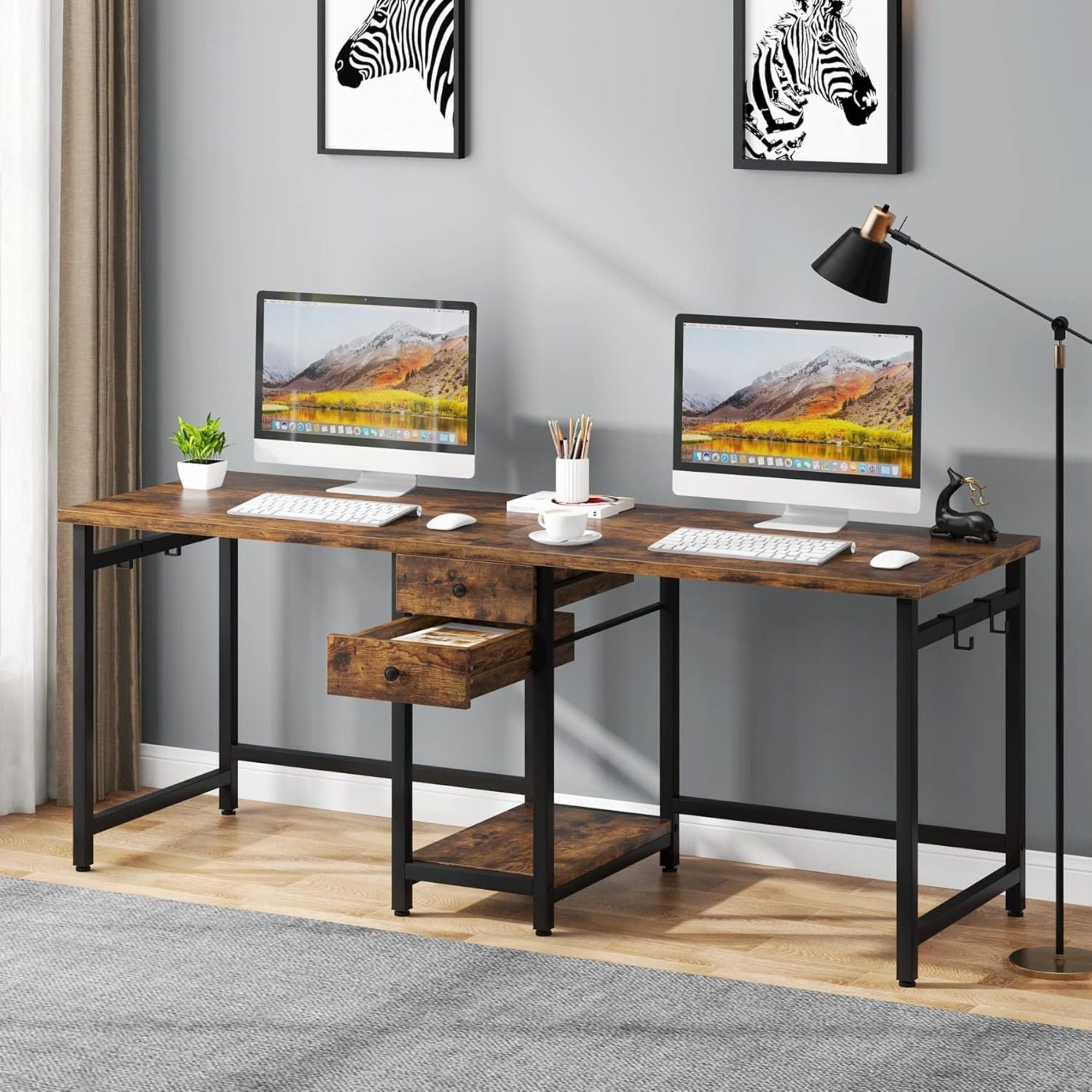 2 Person Computer Desk With Drawers And Shelves, Extra Long Double Workstation