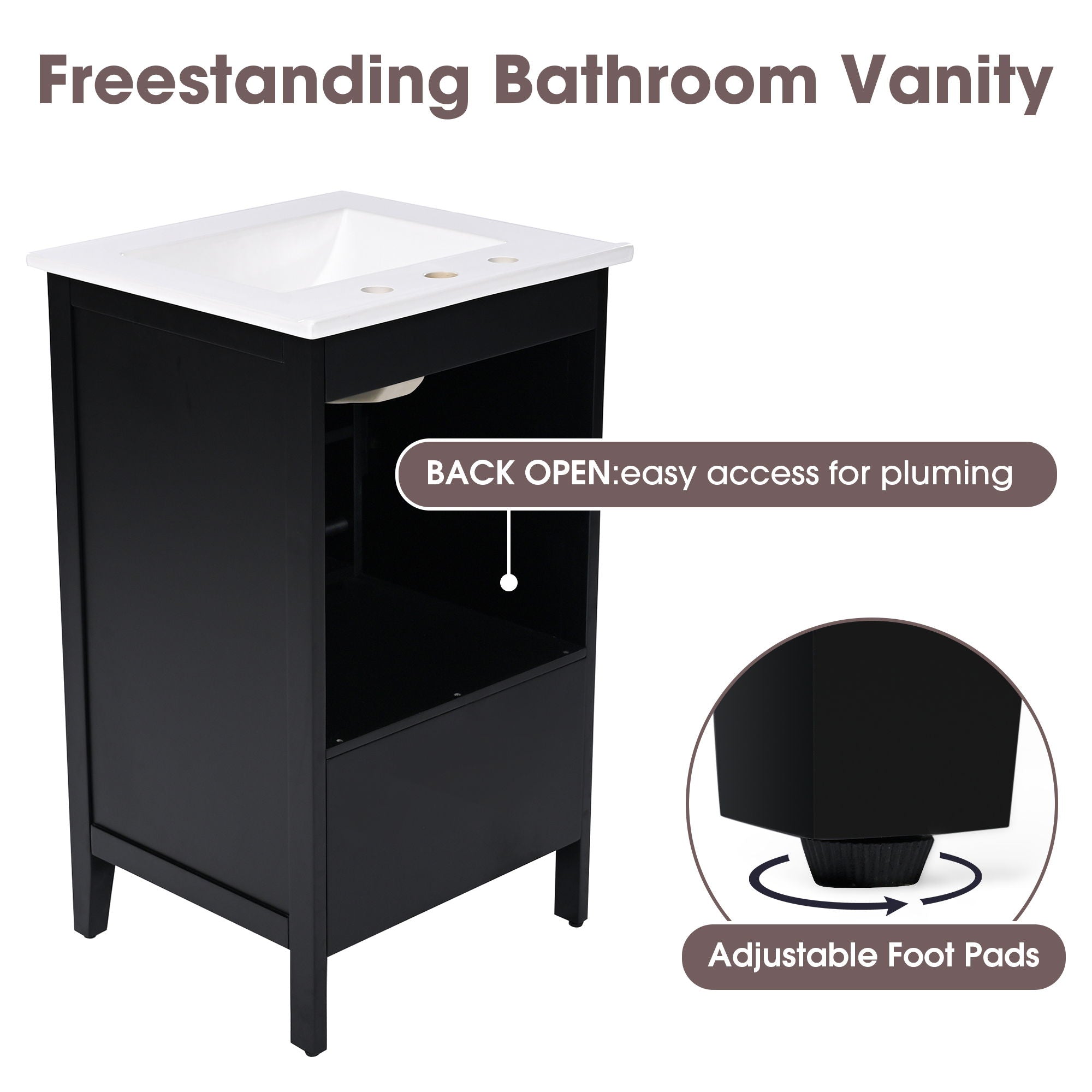 Modern Bathroom Vanity With Sink, Cabinet Storage, Drawer & Adjustable Feet