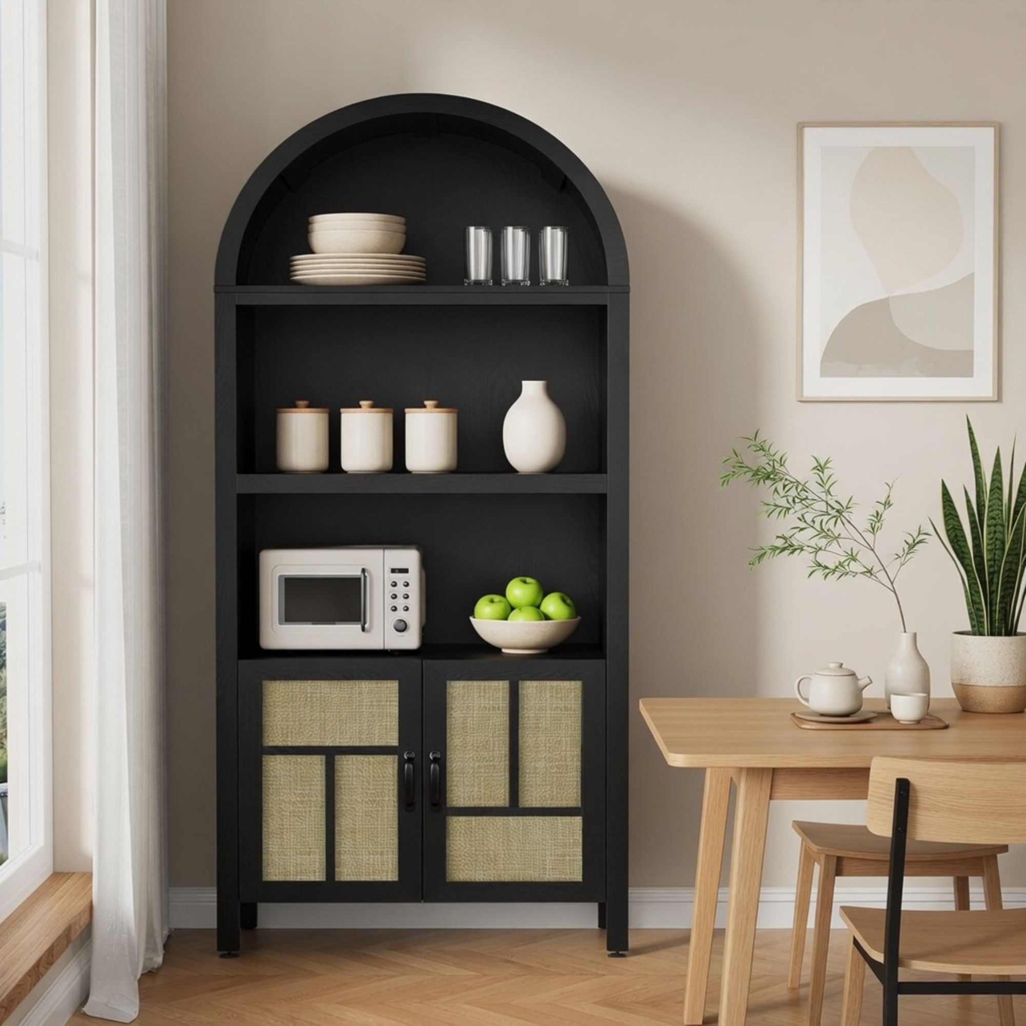 Arched Pantry Cabinet With Adjustable Storage & Doors - Black