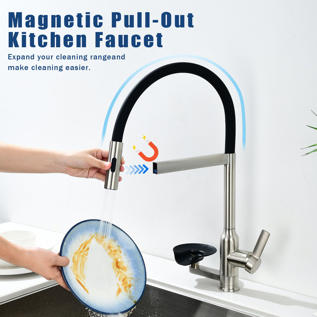 Kitchen Faucet With Magnetic Pull Out Sprayer, 360 Degree Swivel Single Handle High Arc Kitchen Sink Faucet With Glass Rinser - Brushed Nickel