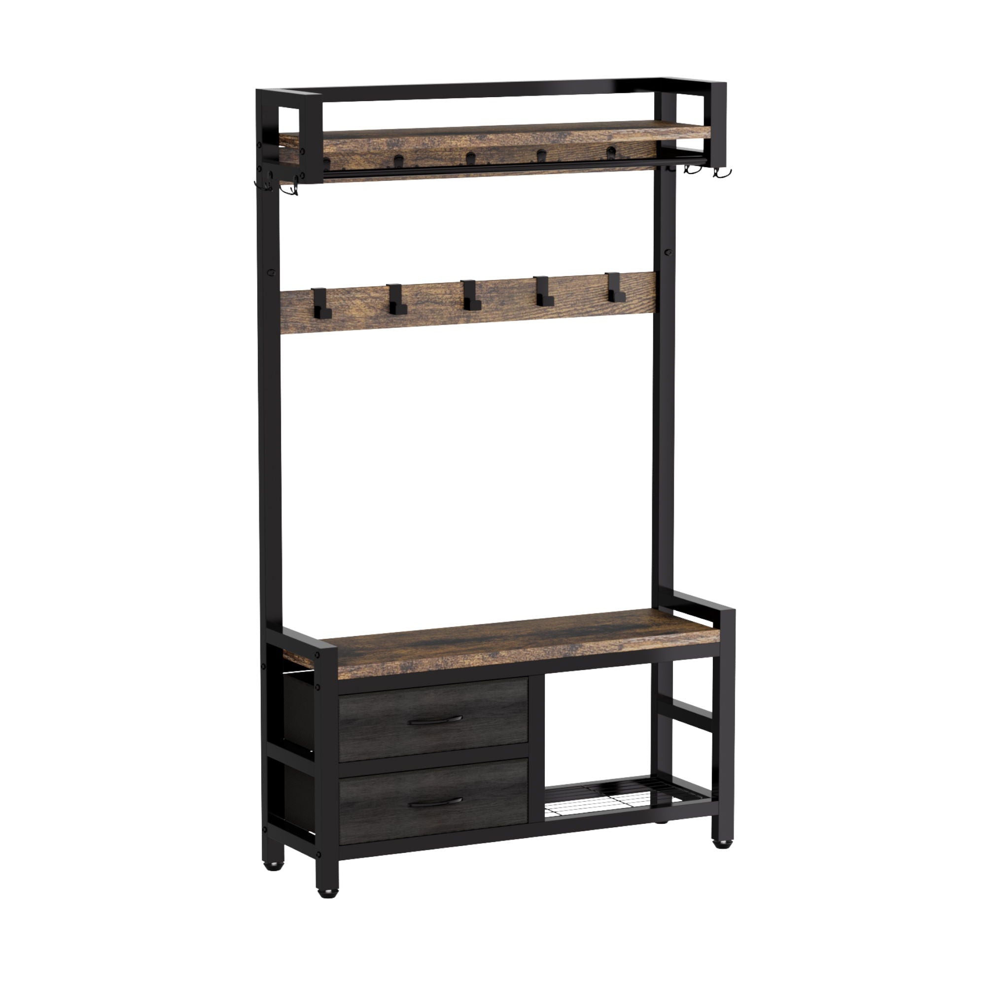 Hall Tree With 2 Movable Drawers, Shoe Storage, Shelves, Garment Racks, And 23 Hooks For Entryway - Rustic Brown