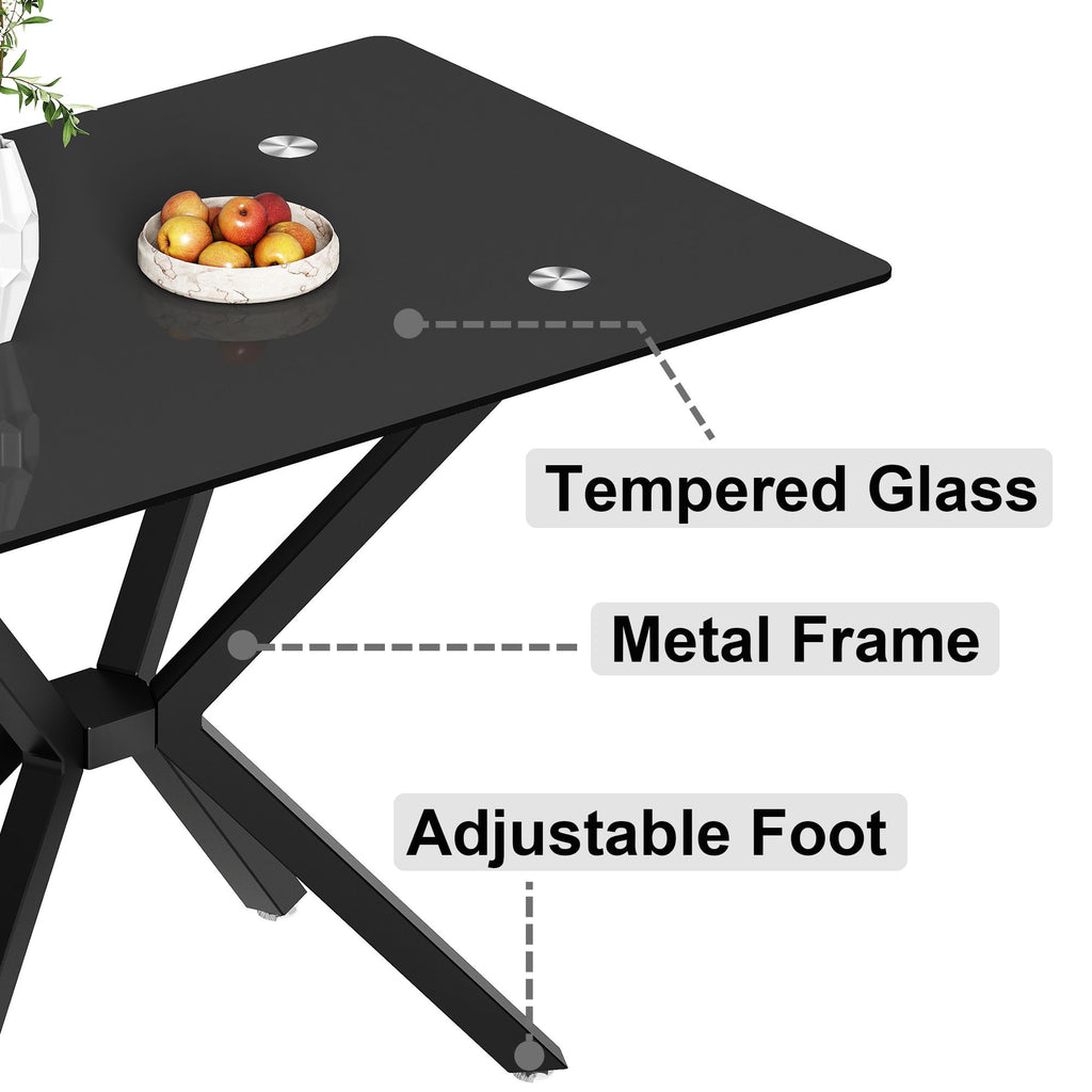 Rectangular Black Tempered Glass Dining Table, Stylish Design & Chrome Plated Metal Legs, Dining Table For Dining Room - Black