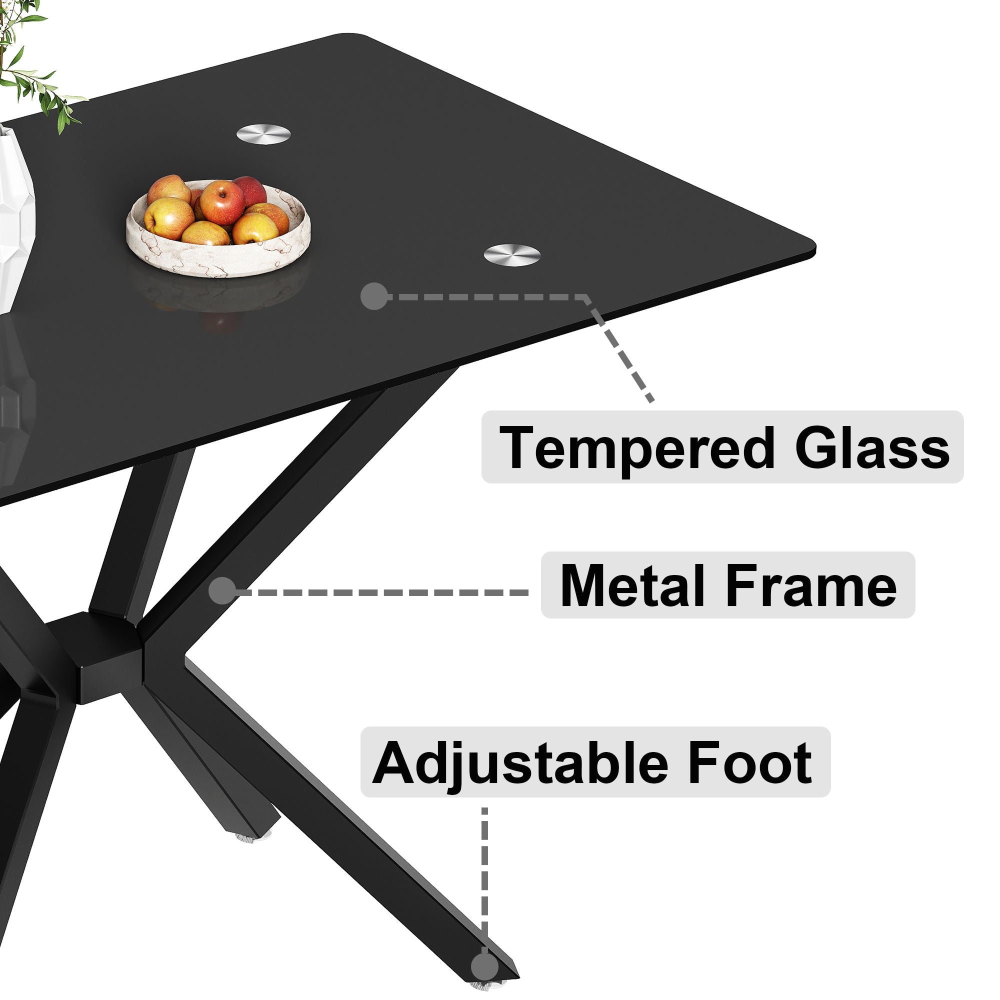 Rectangular Black Tempered Glass Dining Table, Stylish Design & Chrome Plated Metal Legs, Dining Table For Dining Room - Black