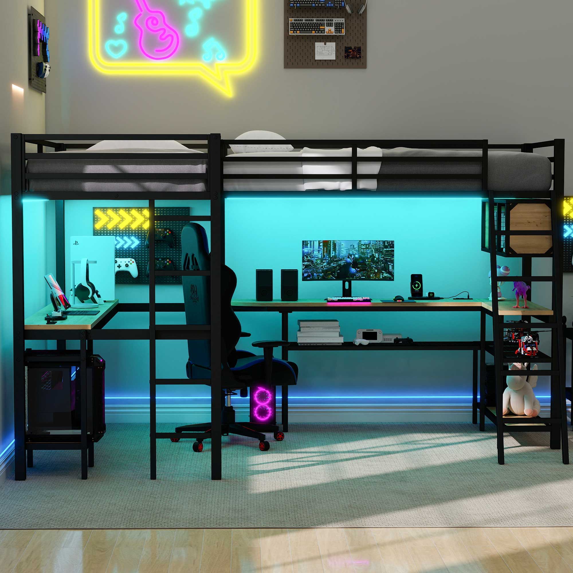 Mission Style Twin L-Shaped Loft Bed With LED, Storage Shelves, 2 Charging Stations, And 2 Built In Desks - Black