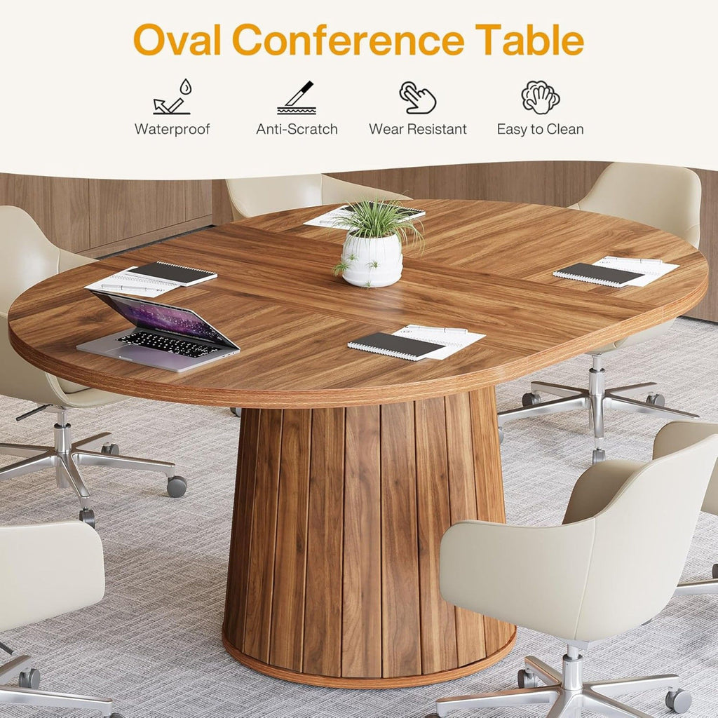 Oval Conference Table, Meeting Room Table With Cylindrical Base - Brown