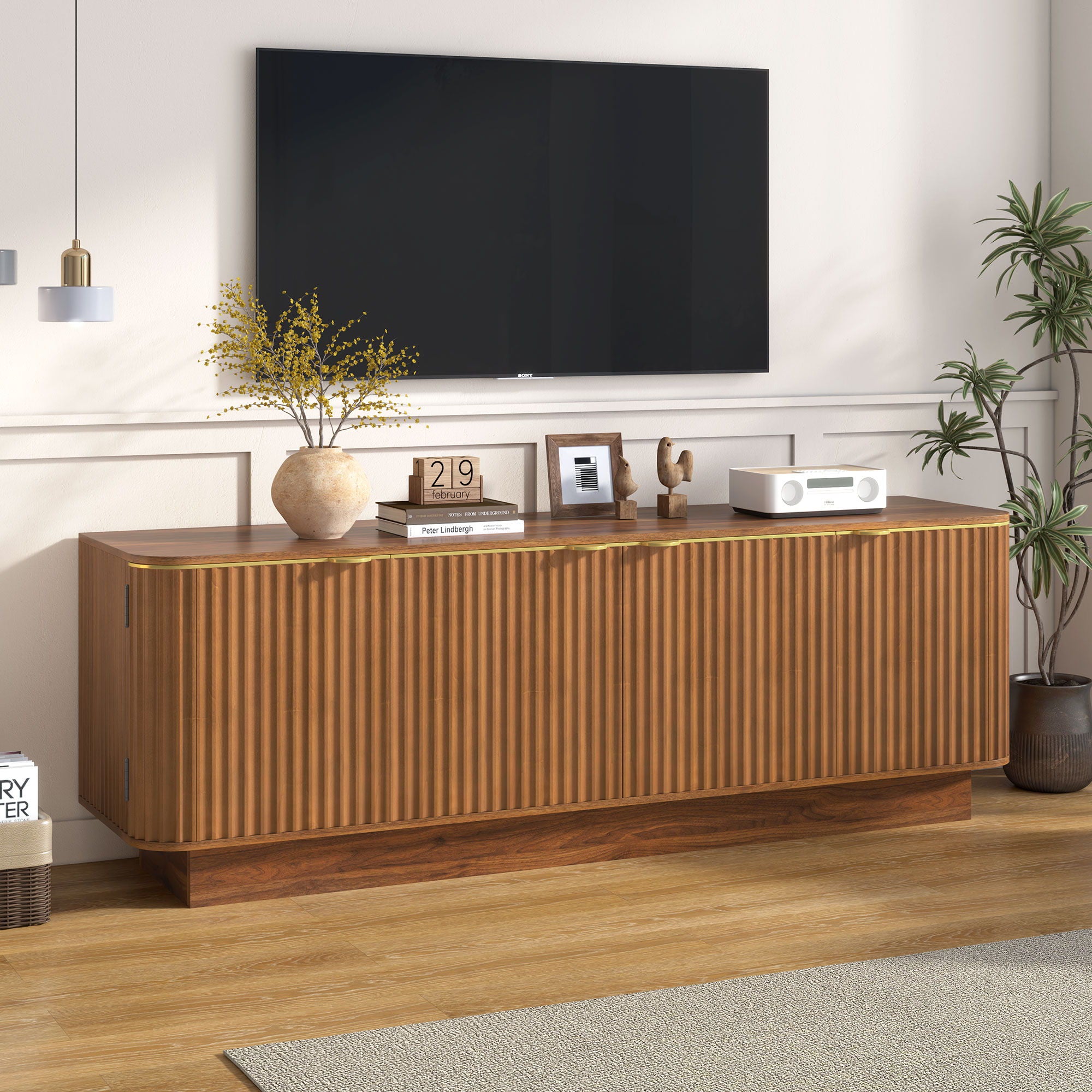 TV Stand, Fluted Media Console With Adjustable Shelves And Cable Holes