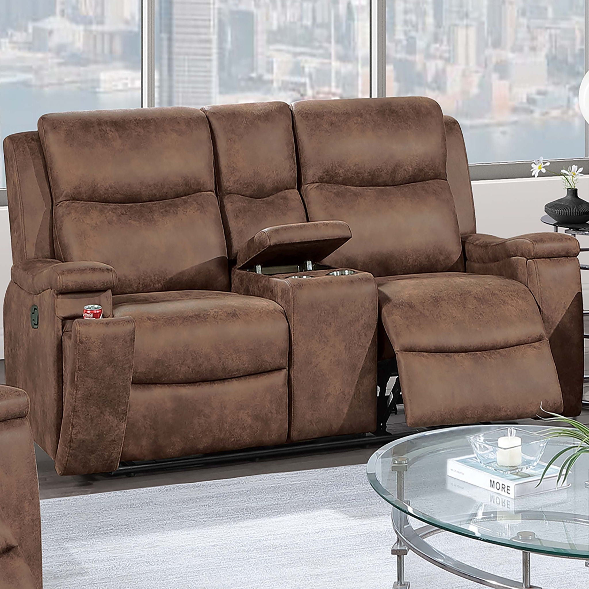 1 Piece Manual Motion Loveseat Hidden Cup Holder Console With Plush Back Cushion For Living Room - Walnut