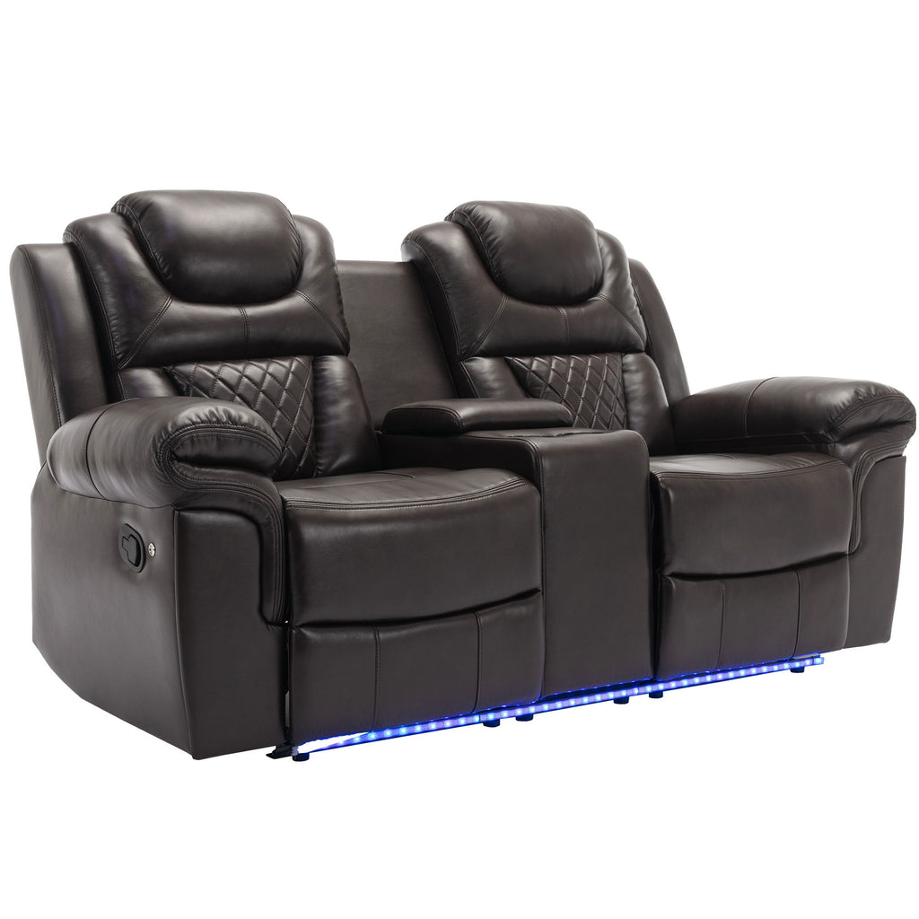 3 Pieces Recliner Sofa Sets Home Theater Seating Manual Recliner Chair & Center Console And LED Light Strip For Living Room - Brown
