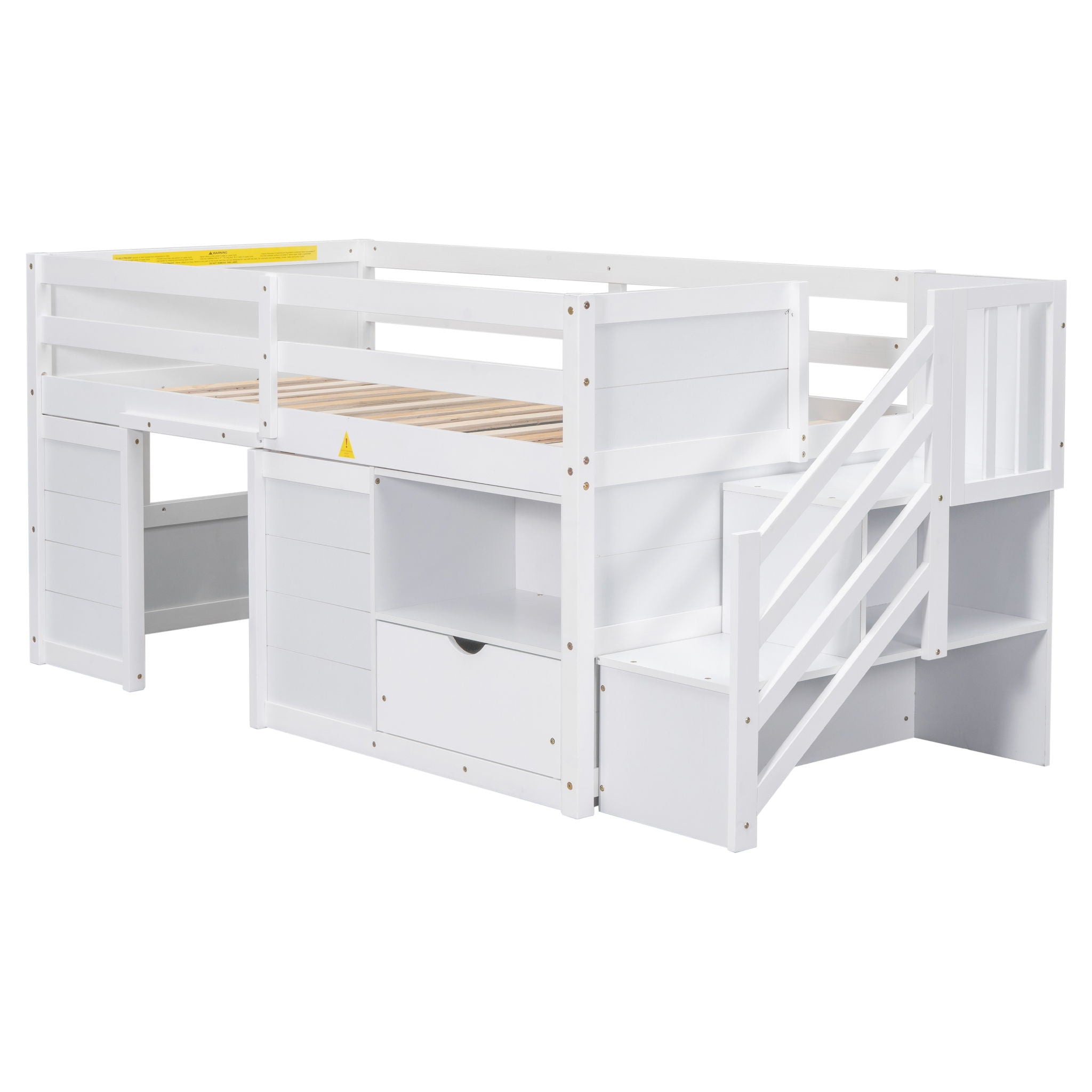 Low Loft Bed With Stair, Drawer, And Shelf